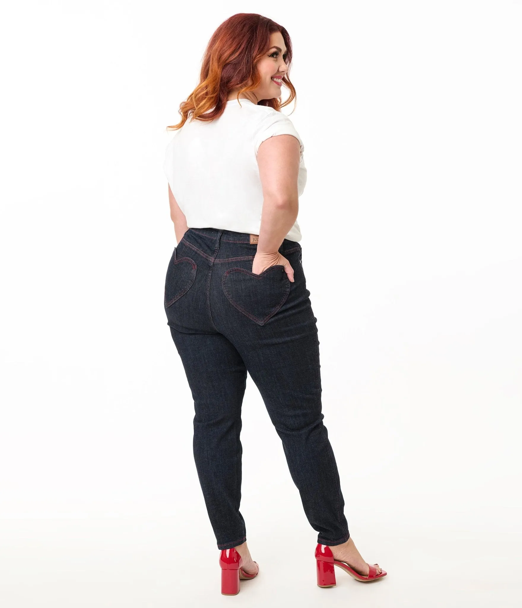 Blue Dark Wash Heart Pocket Skinny Jeans Comfortable Travel Wear