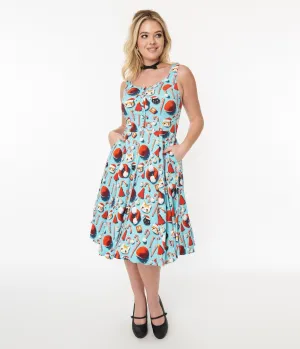 Blue Santa Kitty Print Swing Dress Casual Everyday Look