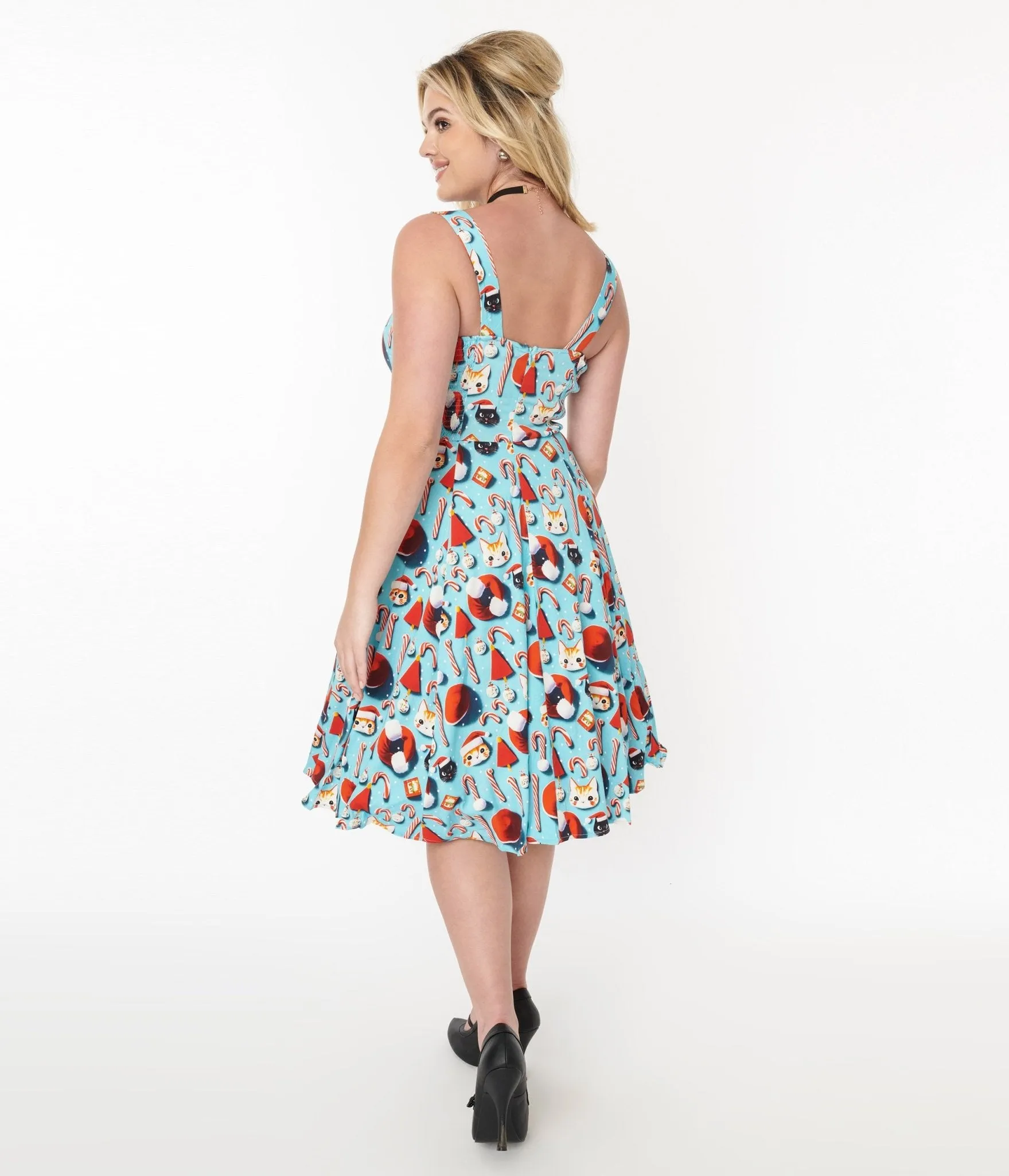 Blue Santa Kitty Print Swing Dress Casual Everyday Look