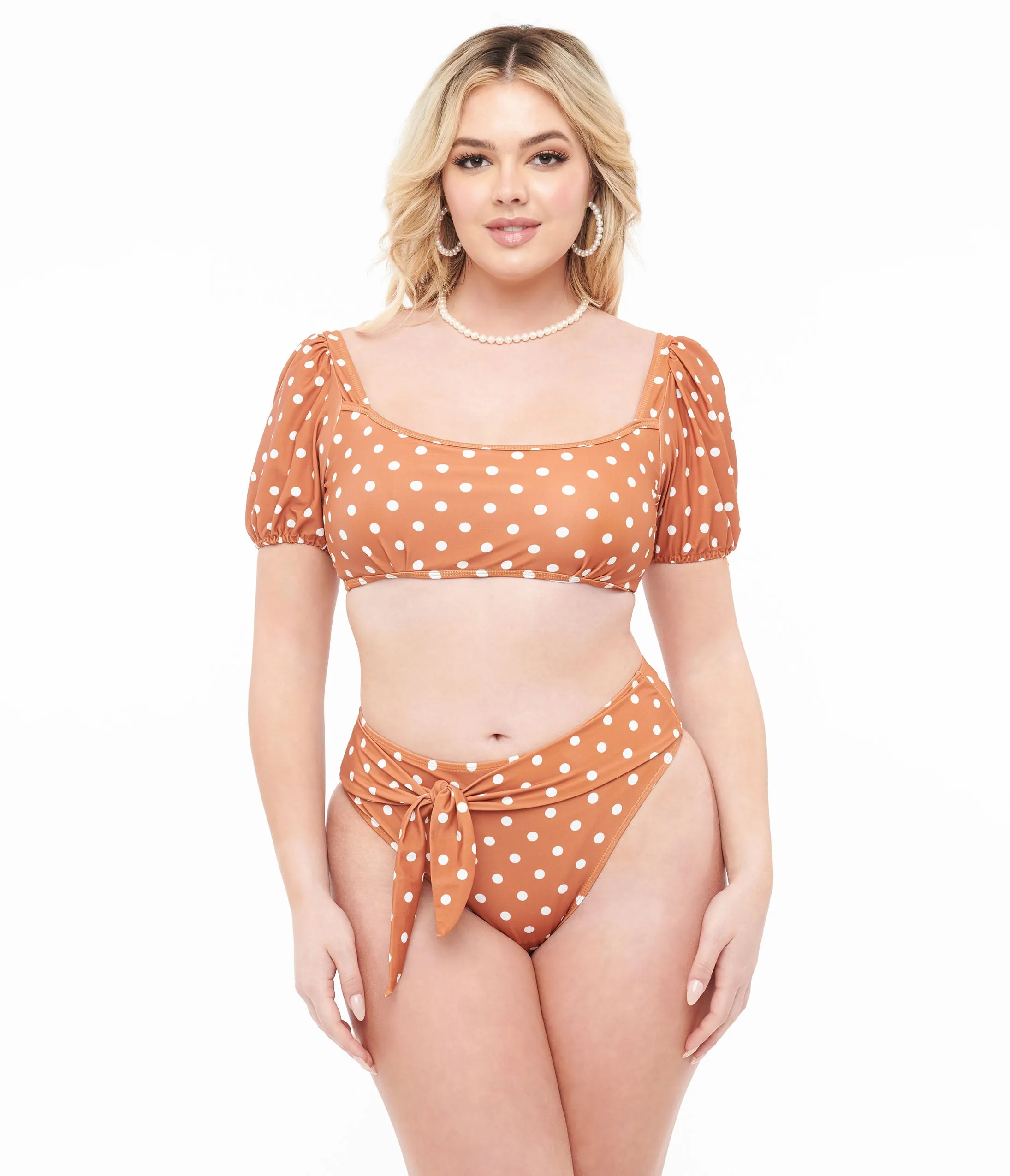 Brown & White Polka Dot Swim Set Beach Vacation Ready
