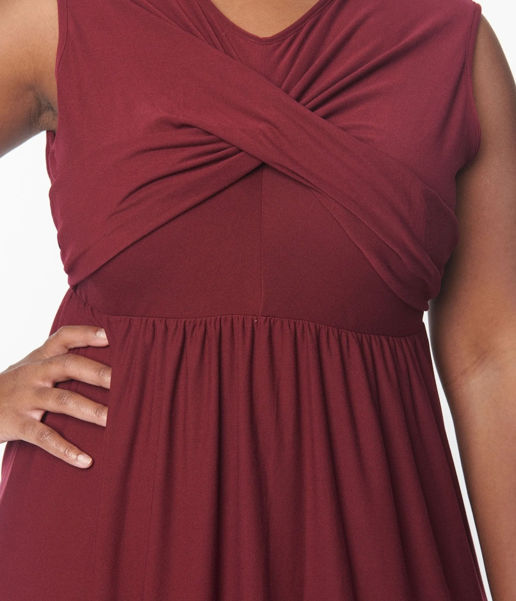 Burgundy Cross-Over Bodice Midi Dress Casual Everyday Look
