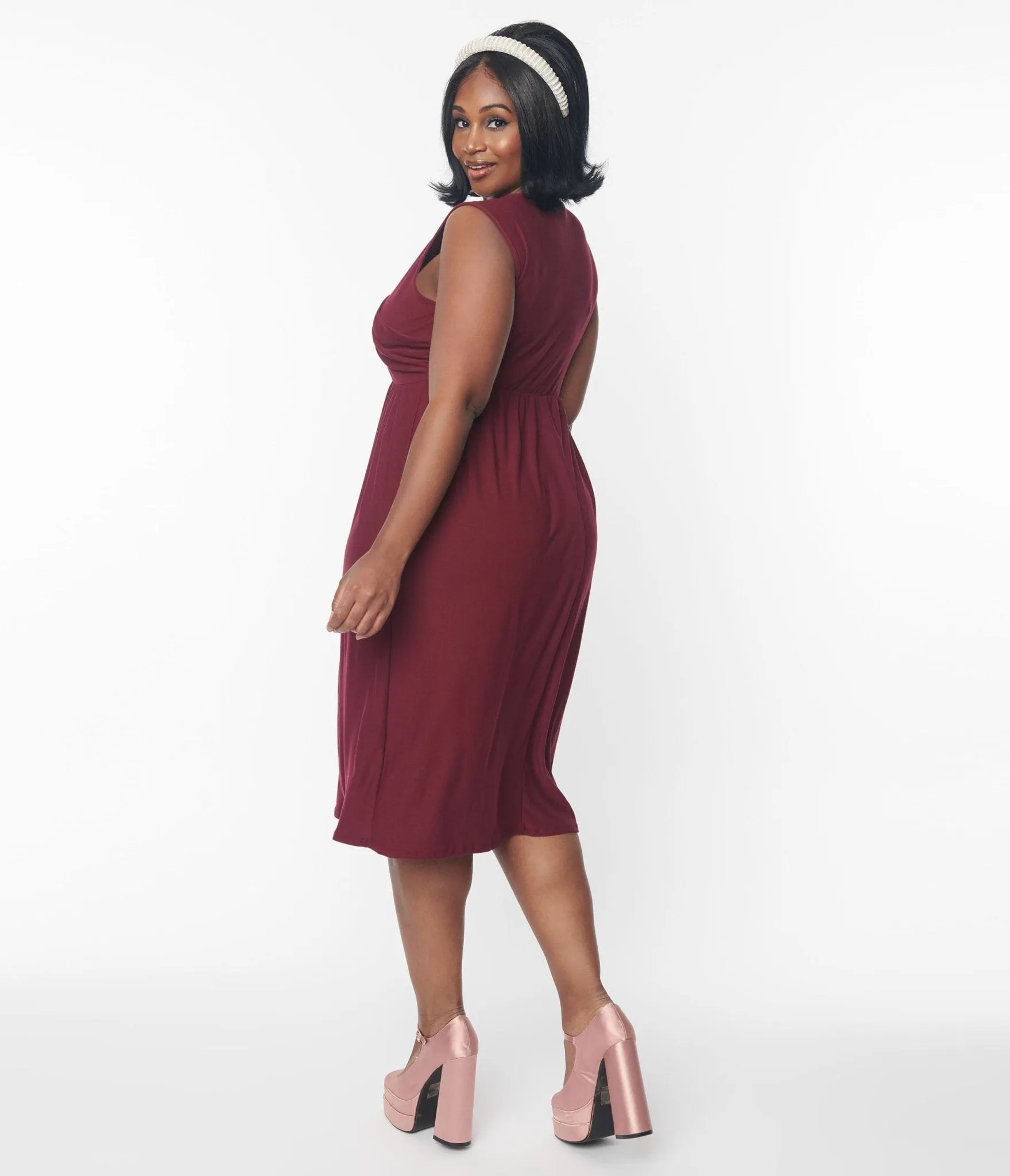 Burgundy Cross-Over Bodice Midi Dress Casual Everyday Look