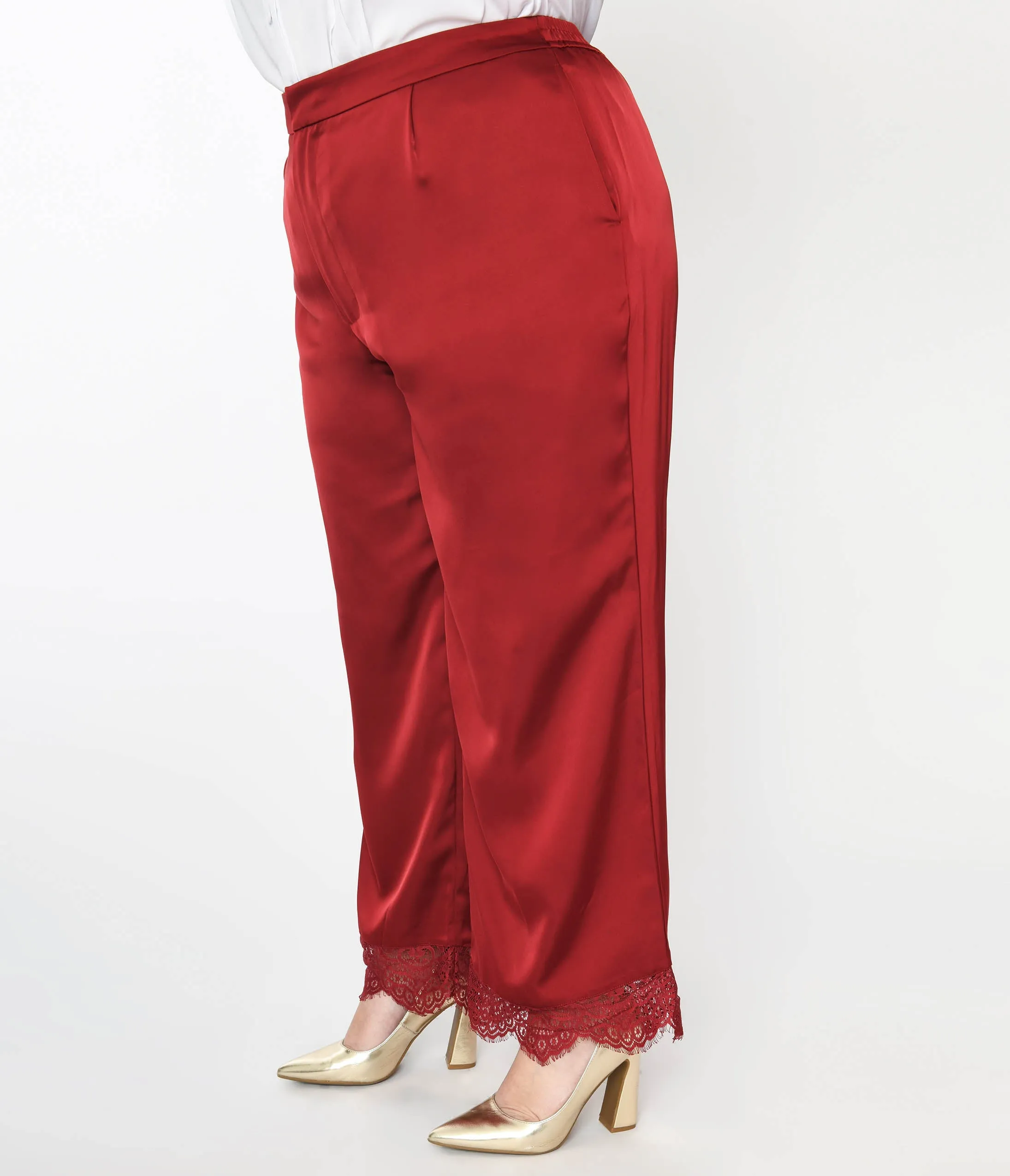 Burgundy Satin & Lace Trim Mathilde Pants Comfortable Travel Wear