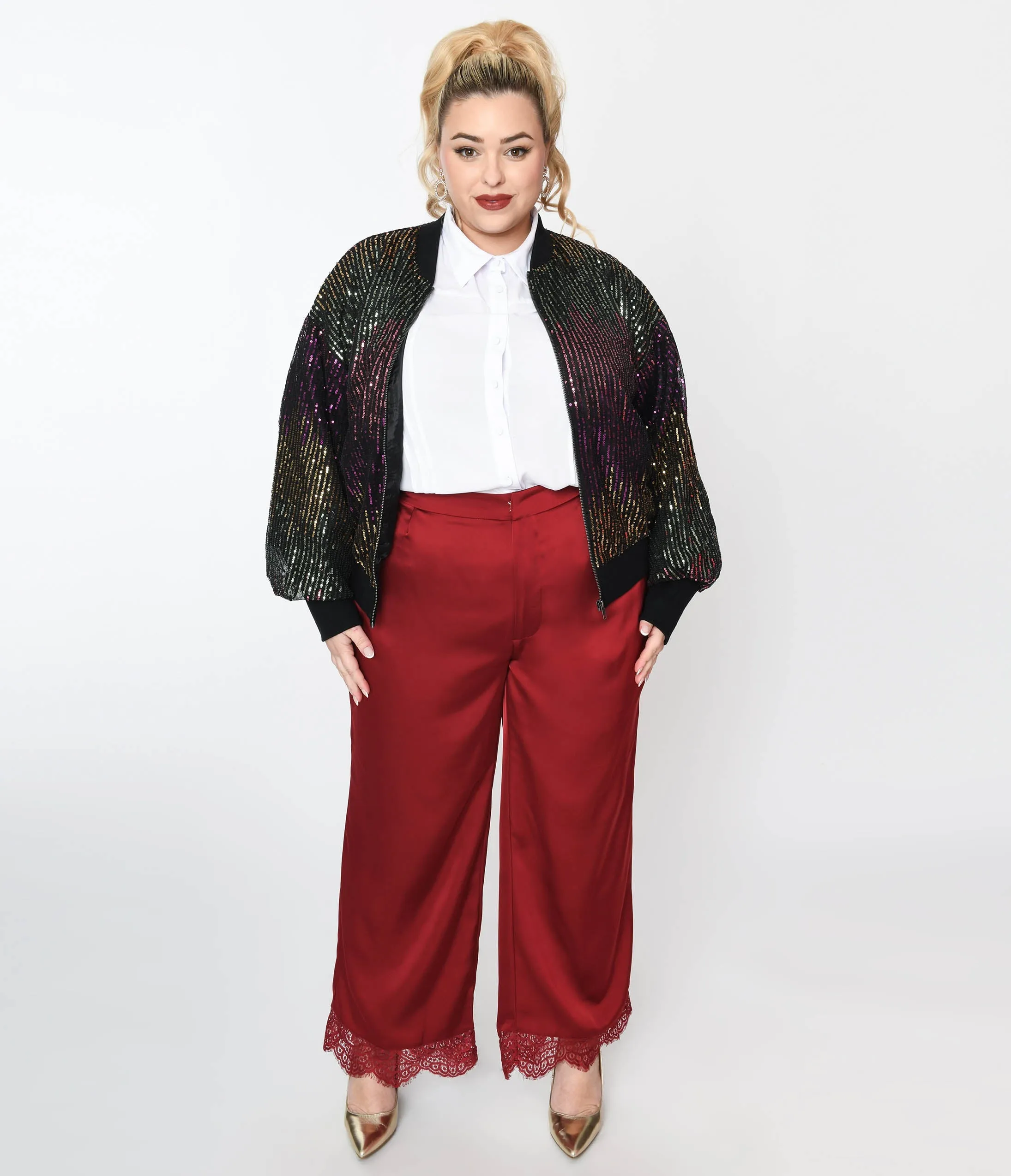 Burgundy Satin & Lace Trim Mathilde Pants Comfortable Travel Wear