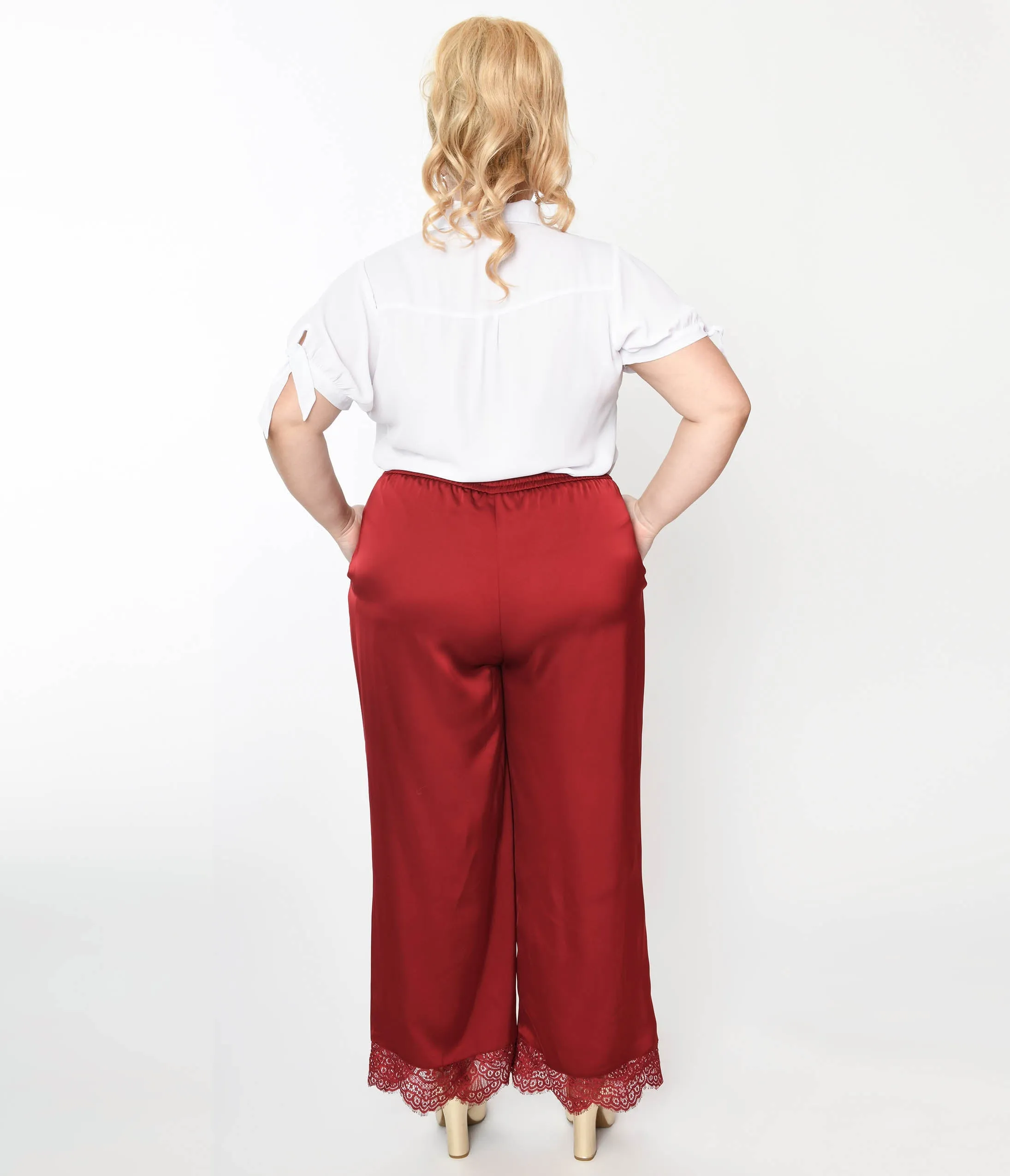 Burgundy Satin & Lace Trim Mathilde Pants Comfortable Travel Wear
