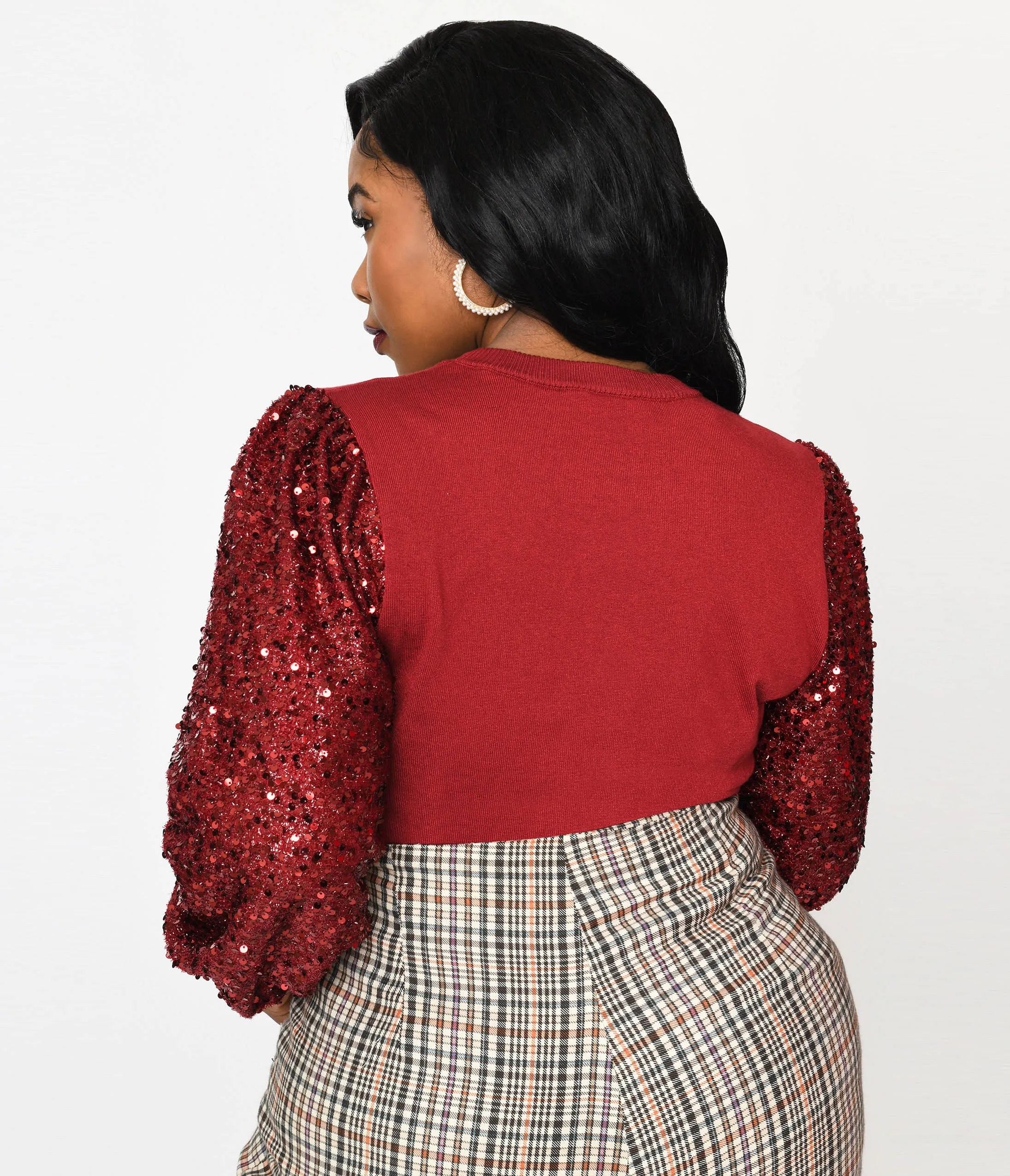 Burgundy Sequin Sleeved Knit Top Easy Date Night
