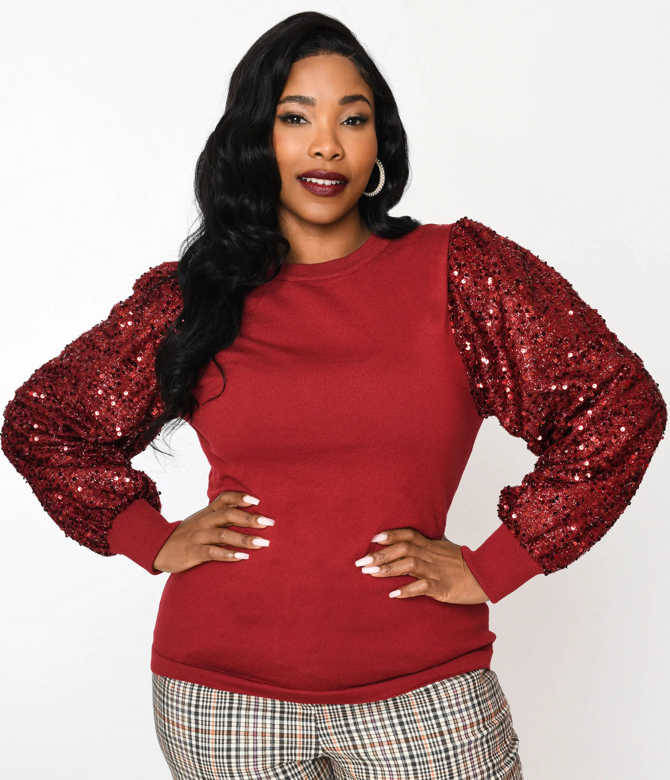 Burgundy Sequin Sleeved Knit Top Easy Date Night