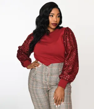 Burgundy Sequin Sleeved Knit Top Easy Date Night