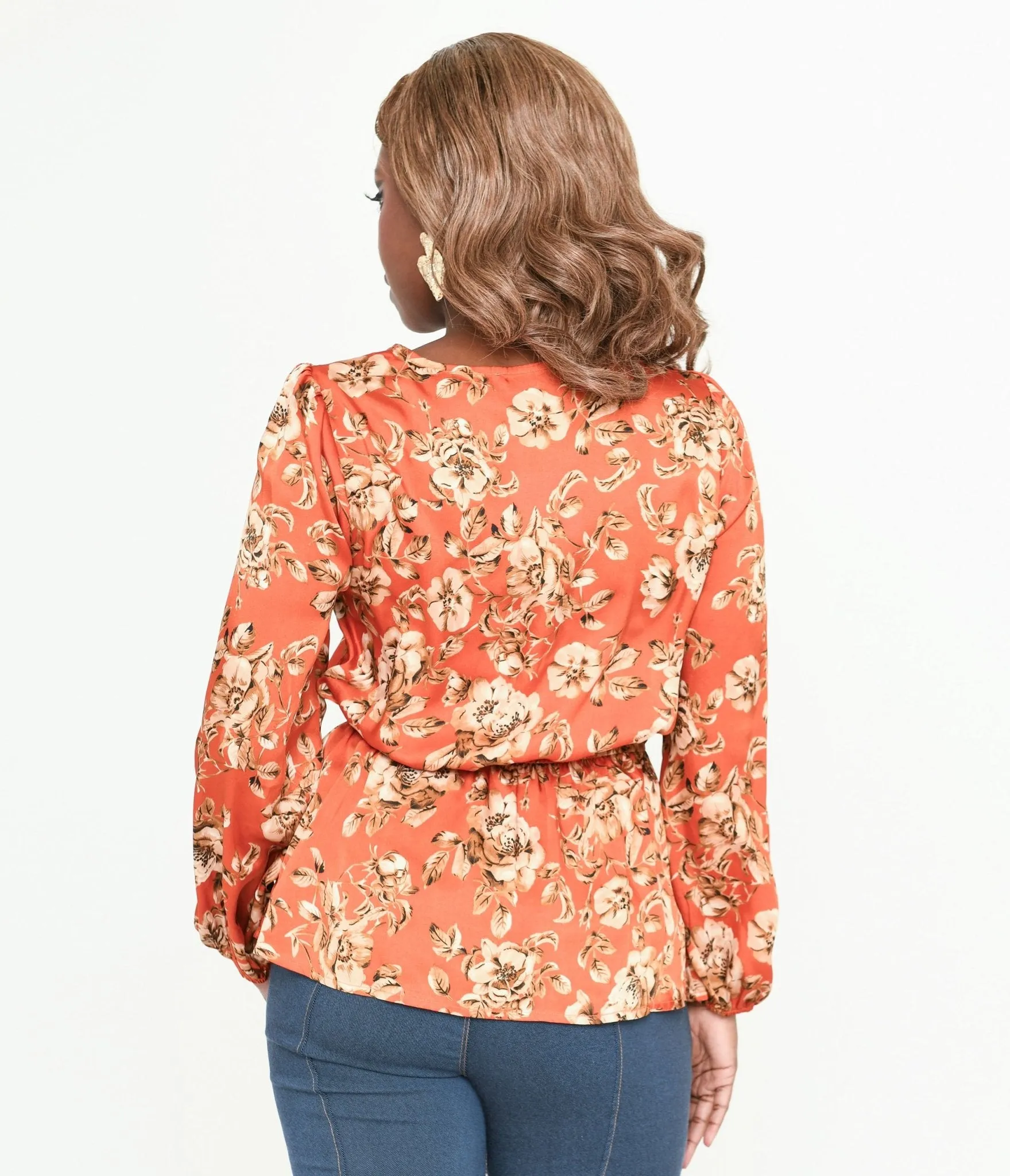 Burnt Orange Floral Satin Peplum Blouse Easy Date Night