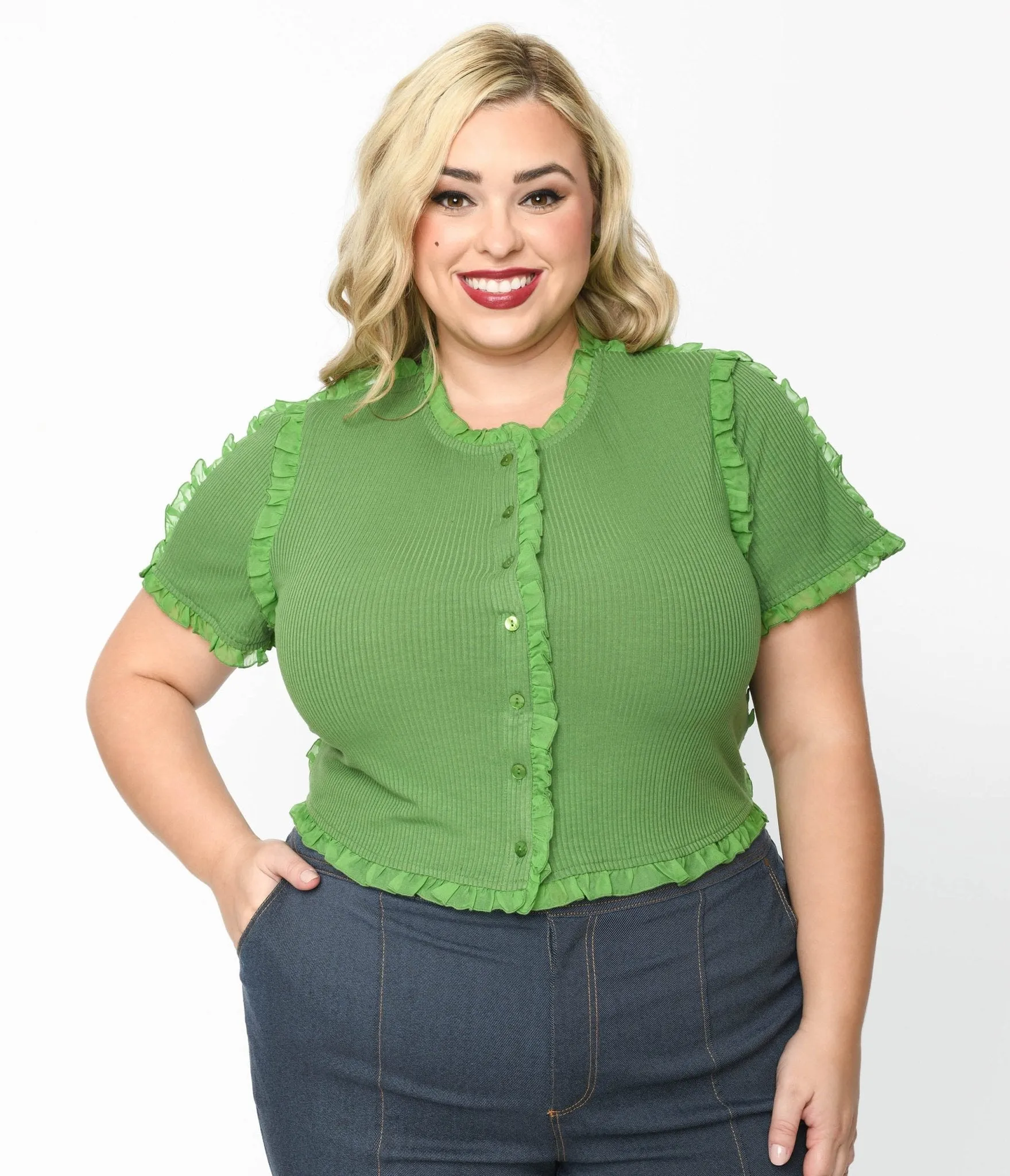 Cactus Green Ruffle Edge Knit Top Easy Date Night