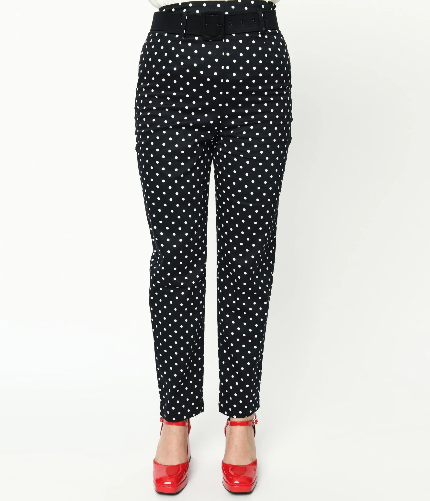 Collectif Black & White Polka Dot Belted Thea Pants Comfortable Travel Wear