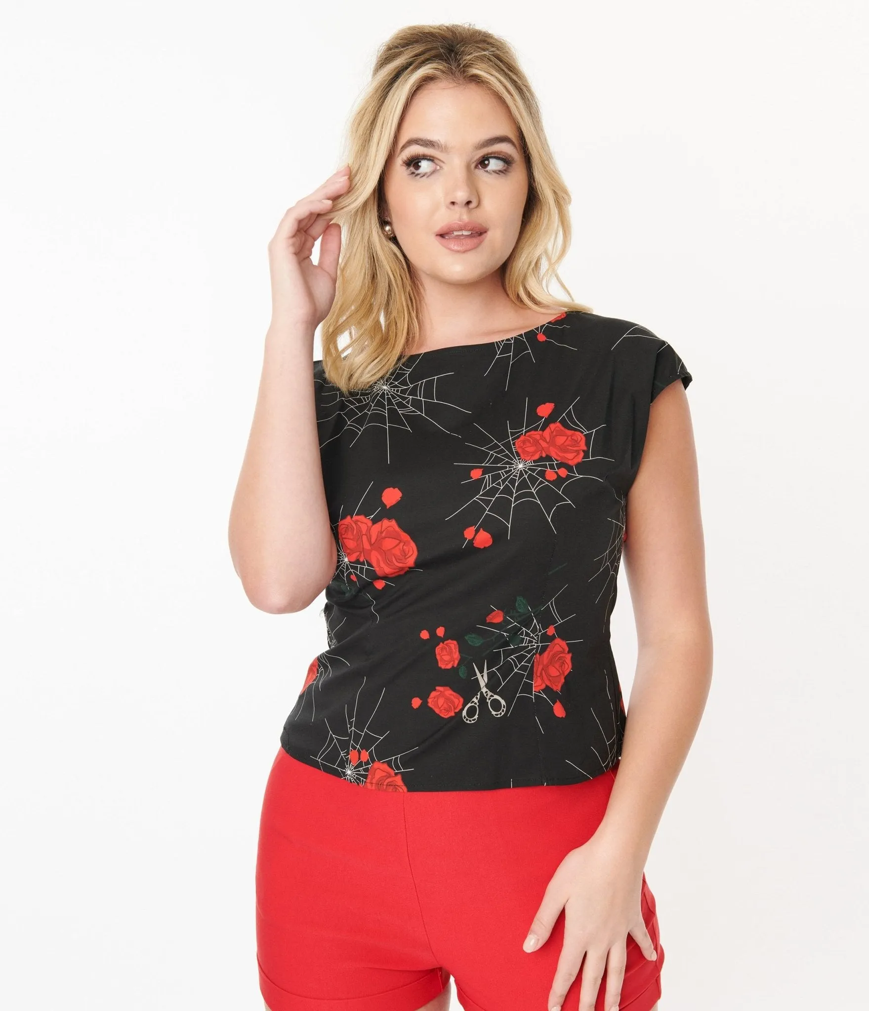 Collectif Black Spinners Web & Roses Blouse Easy Date Night