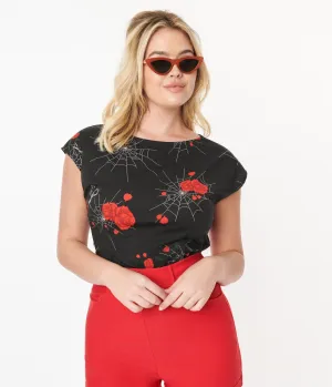 Collectif Black Spinners Web & Roses Blouse Easy Date Night