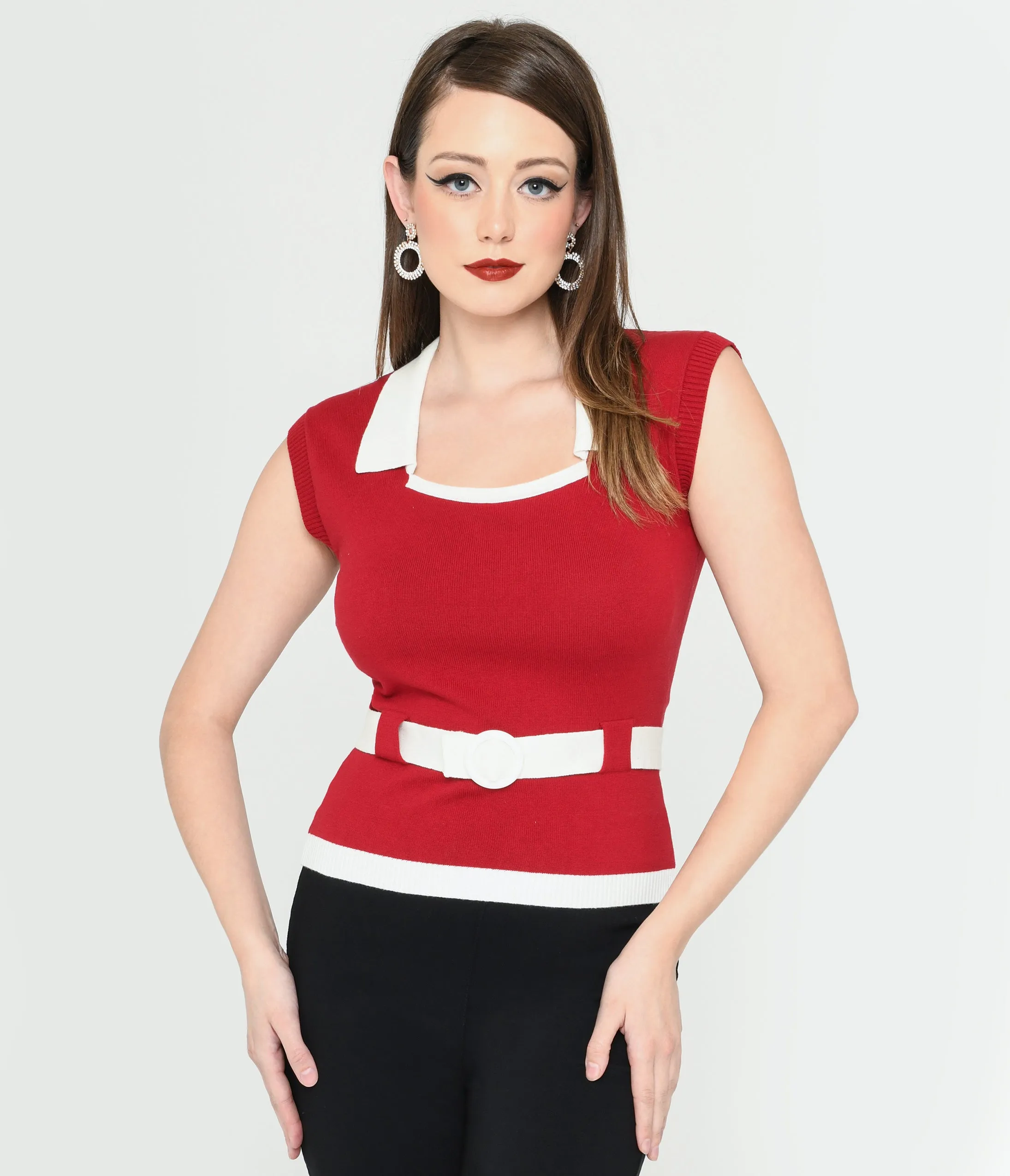 Collectif Burgundy & White Belted Norma Knit Top Easy Date Night