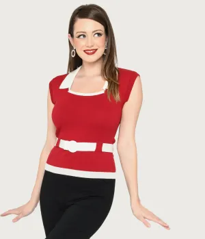 Collectif Burgundy & White Belted Norma Knit Top Easy Date Night