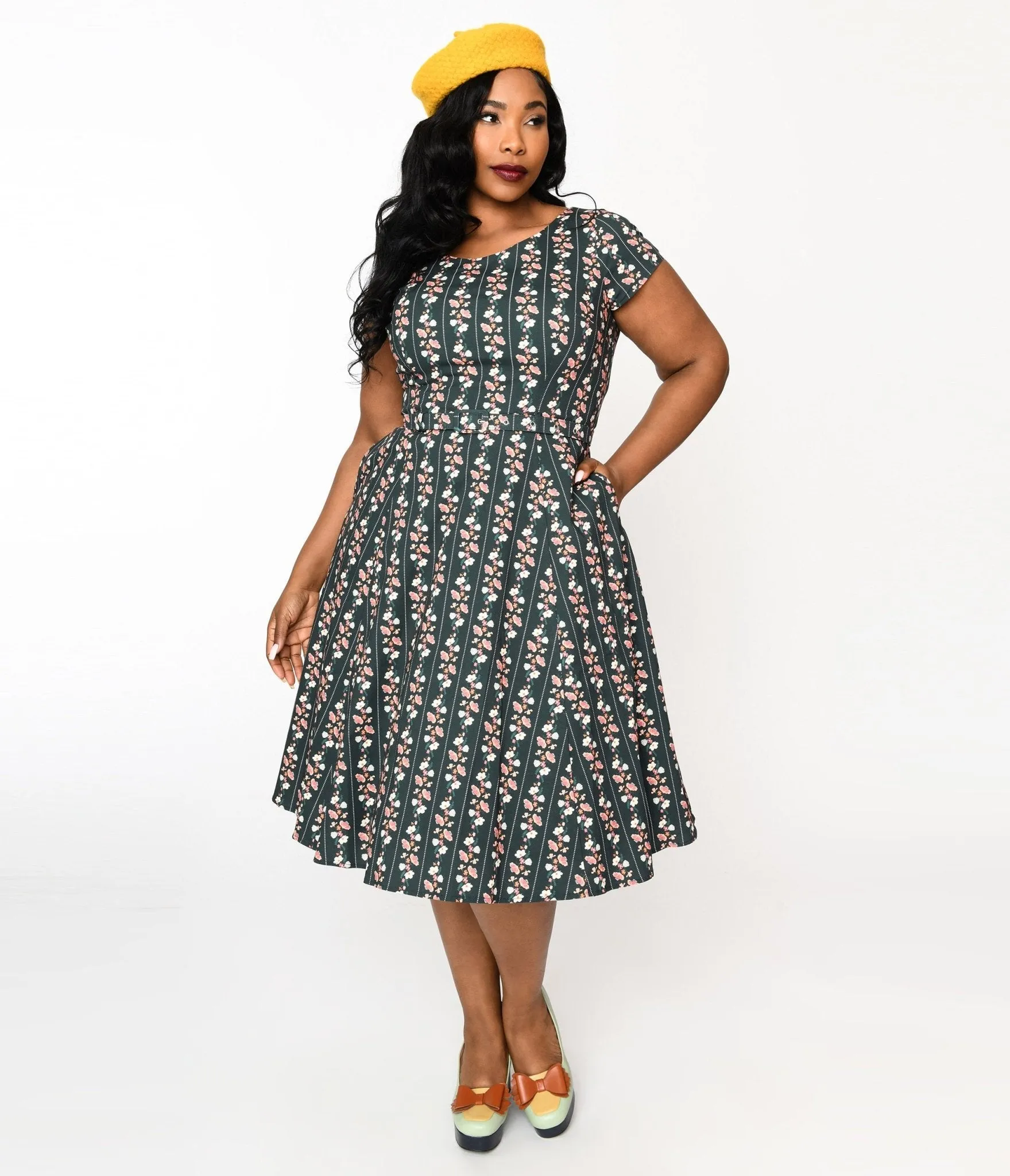 Collectif Green Wallflower Striped Swing Dress Casual Everyday Look