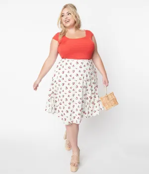 Collectif White & Red Cherry Mattie Broderie Swing Skirt Comfortable Travel Wear