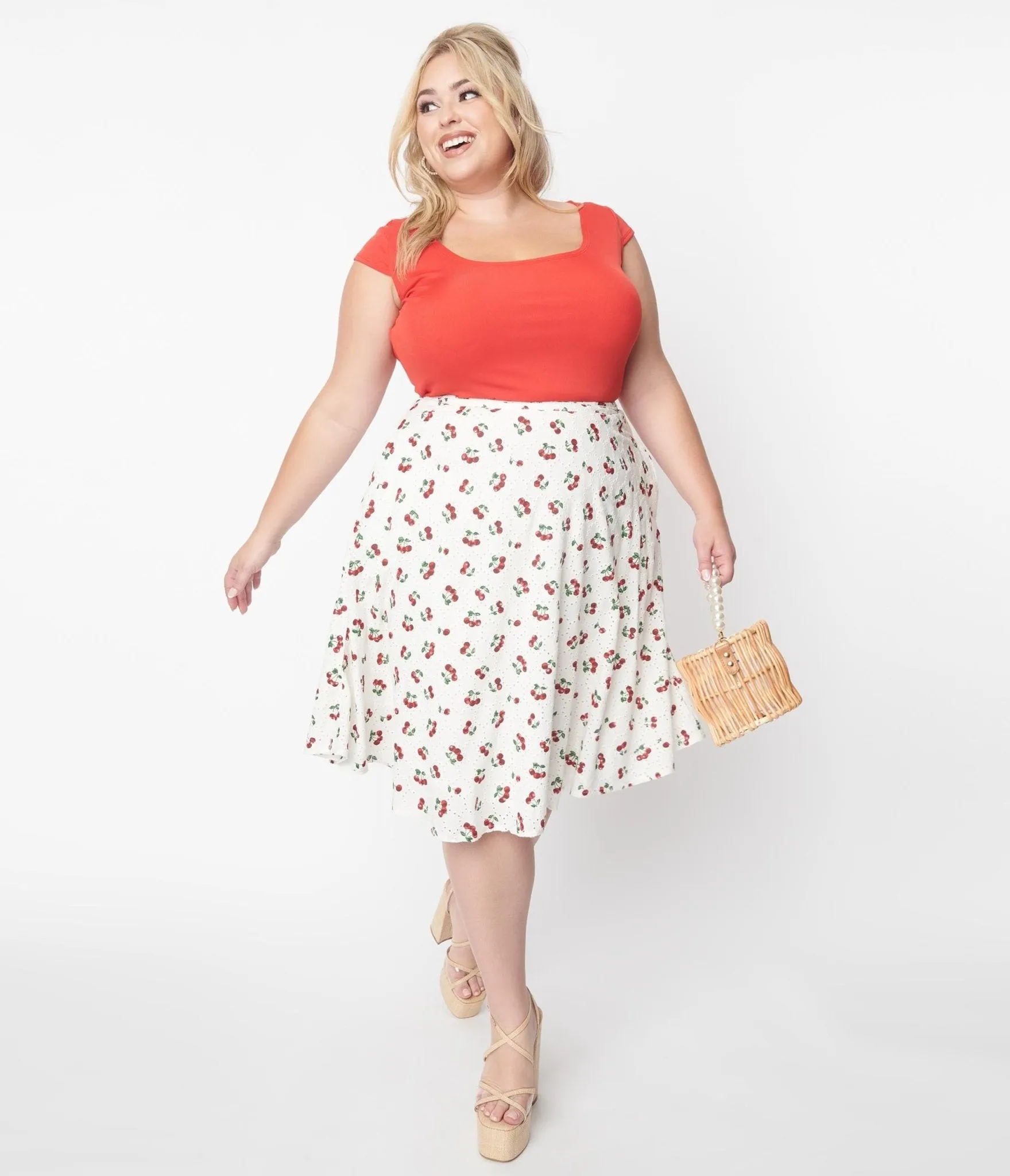 Collectif White & Red Cherry Mattie Broderie Swing Skirt Comfortable Travel Wear