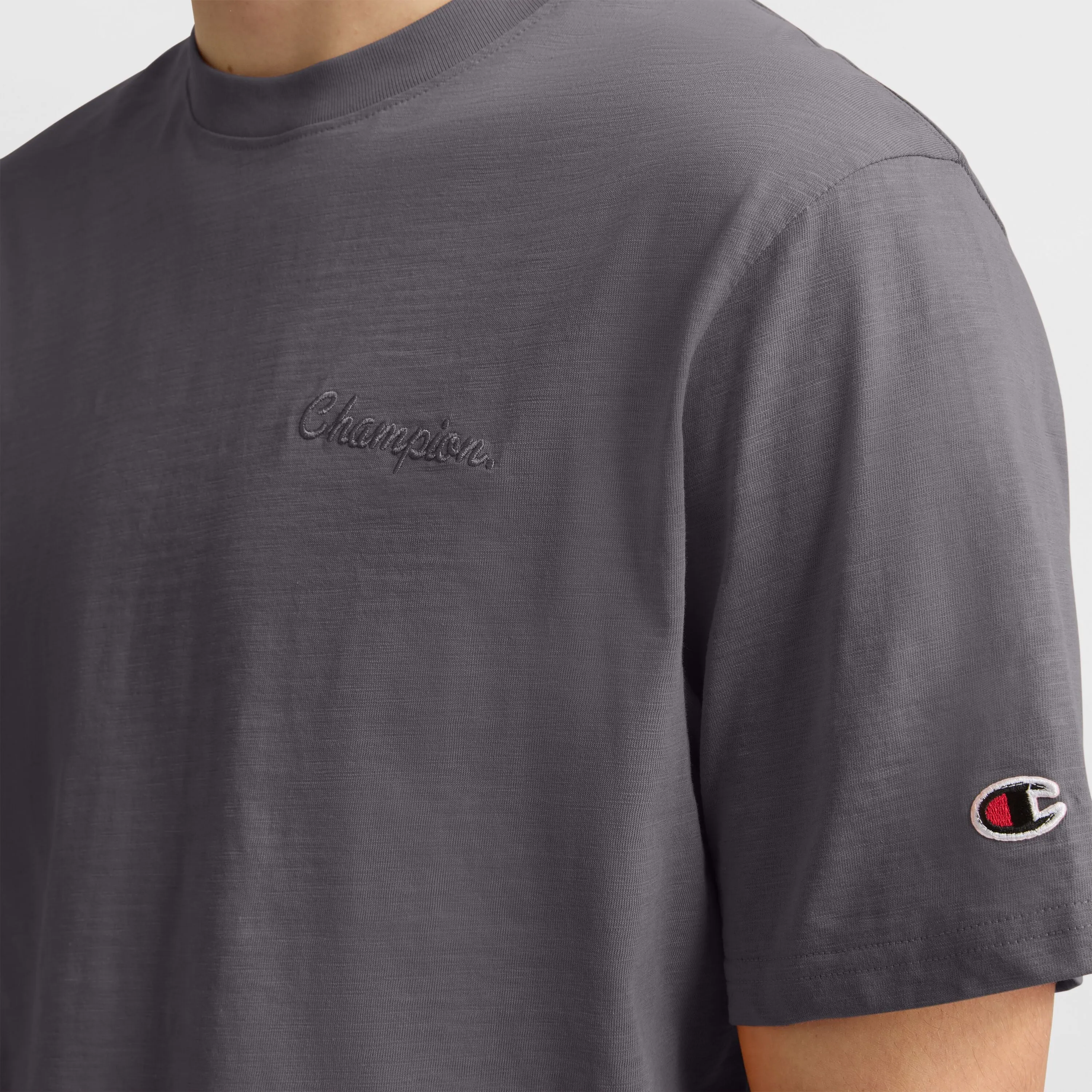 Curved Hem Slub T-Shirt, Embroidered Script Urban Street Style