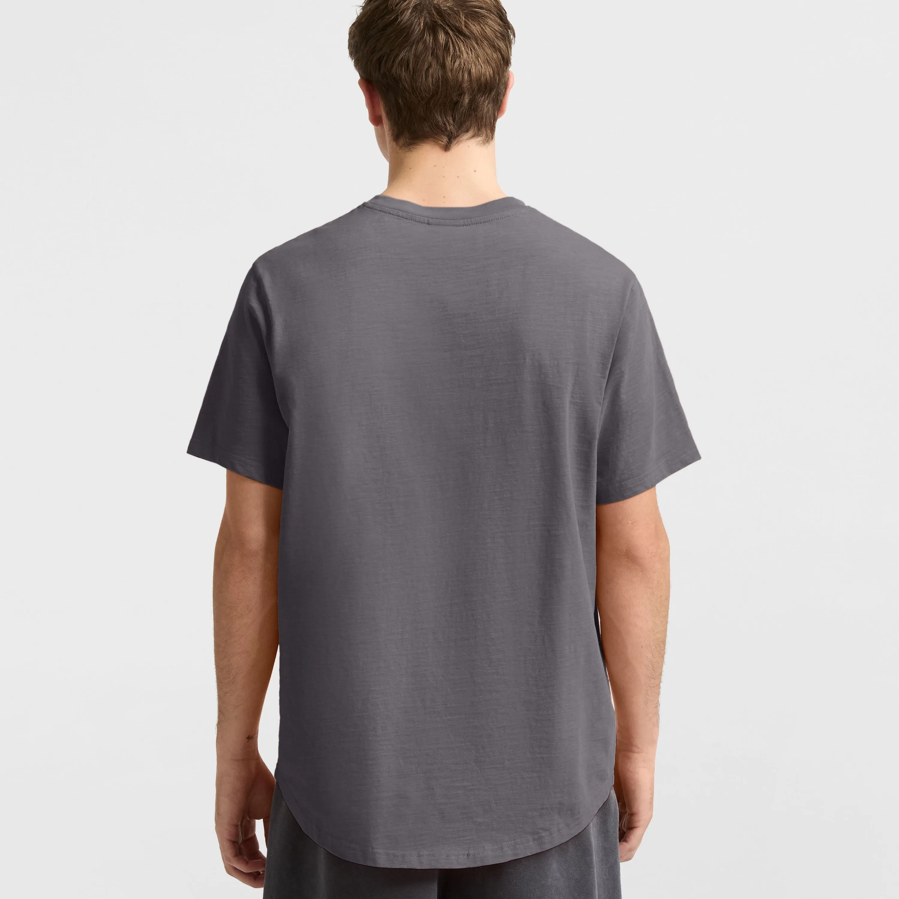 Curved Hem Slub T-Shirt, Embroidered Script Urban Street Style