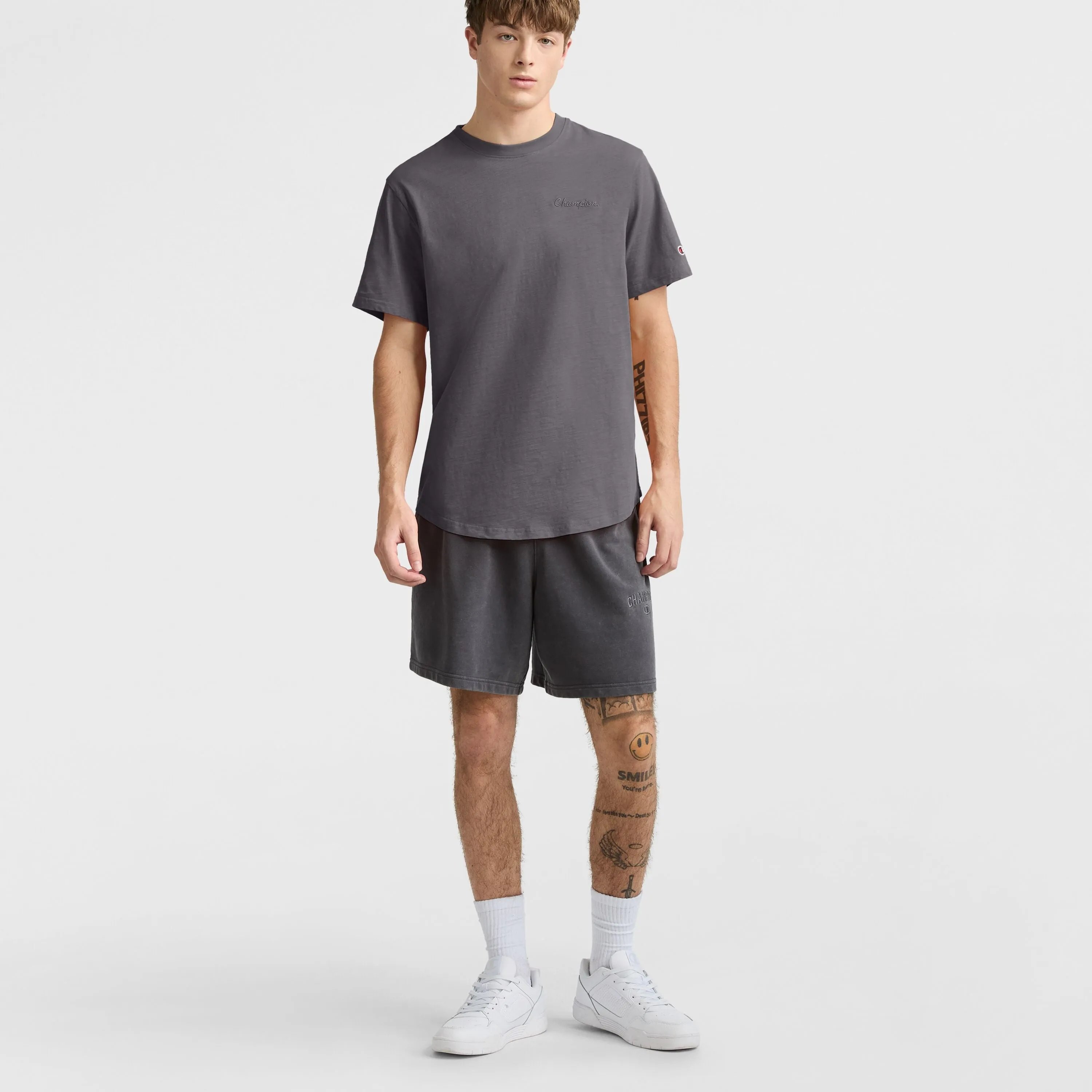 Curved Hem Slub T-Shirt, Embroidered Script Urban Street Style