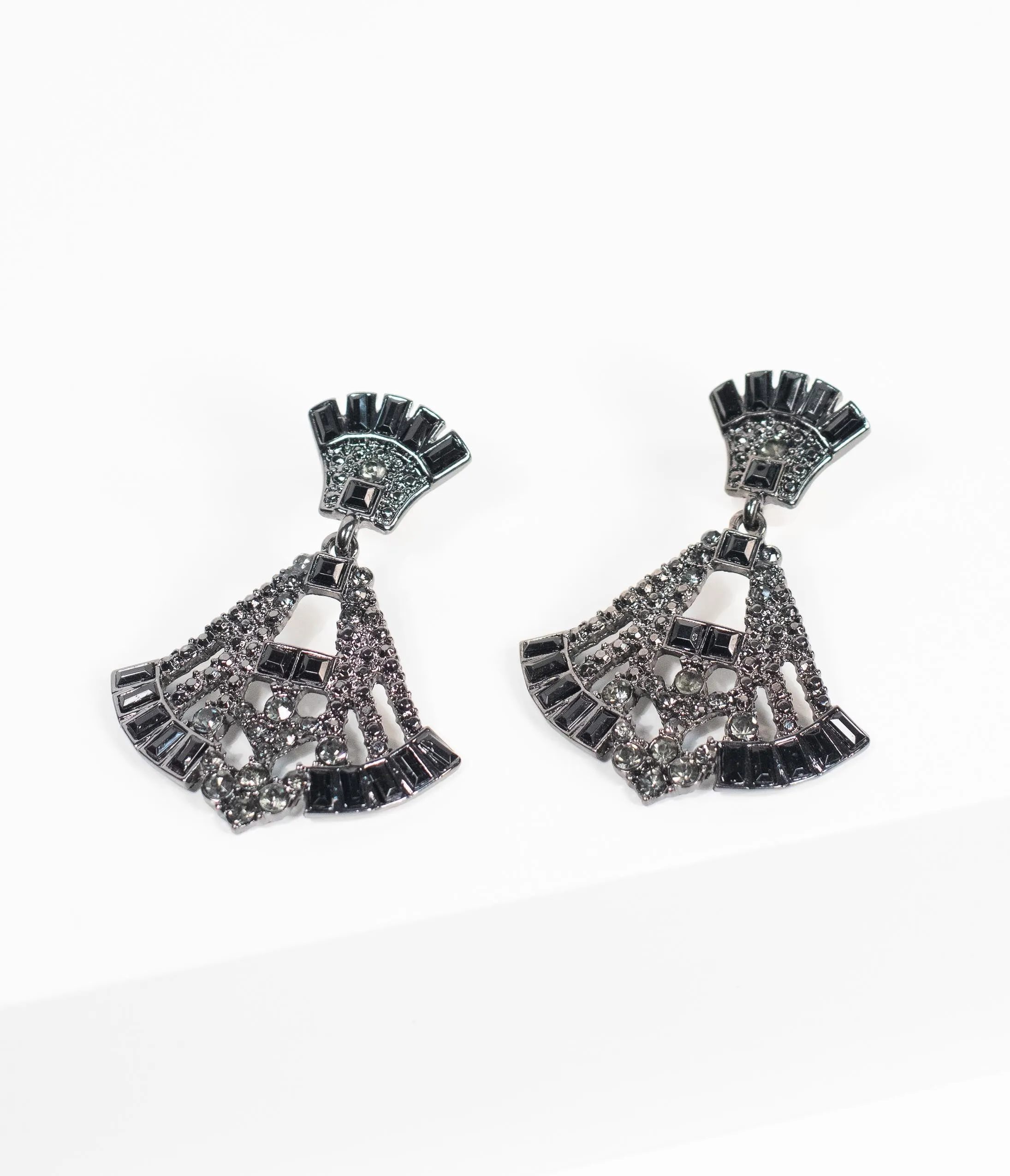 Deco Style Black Rhinestone Drop Fan Earrings Everyday Chic
