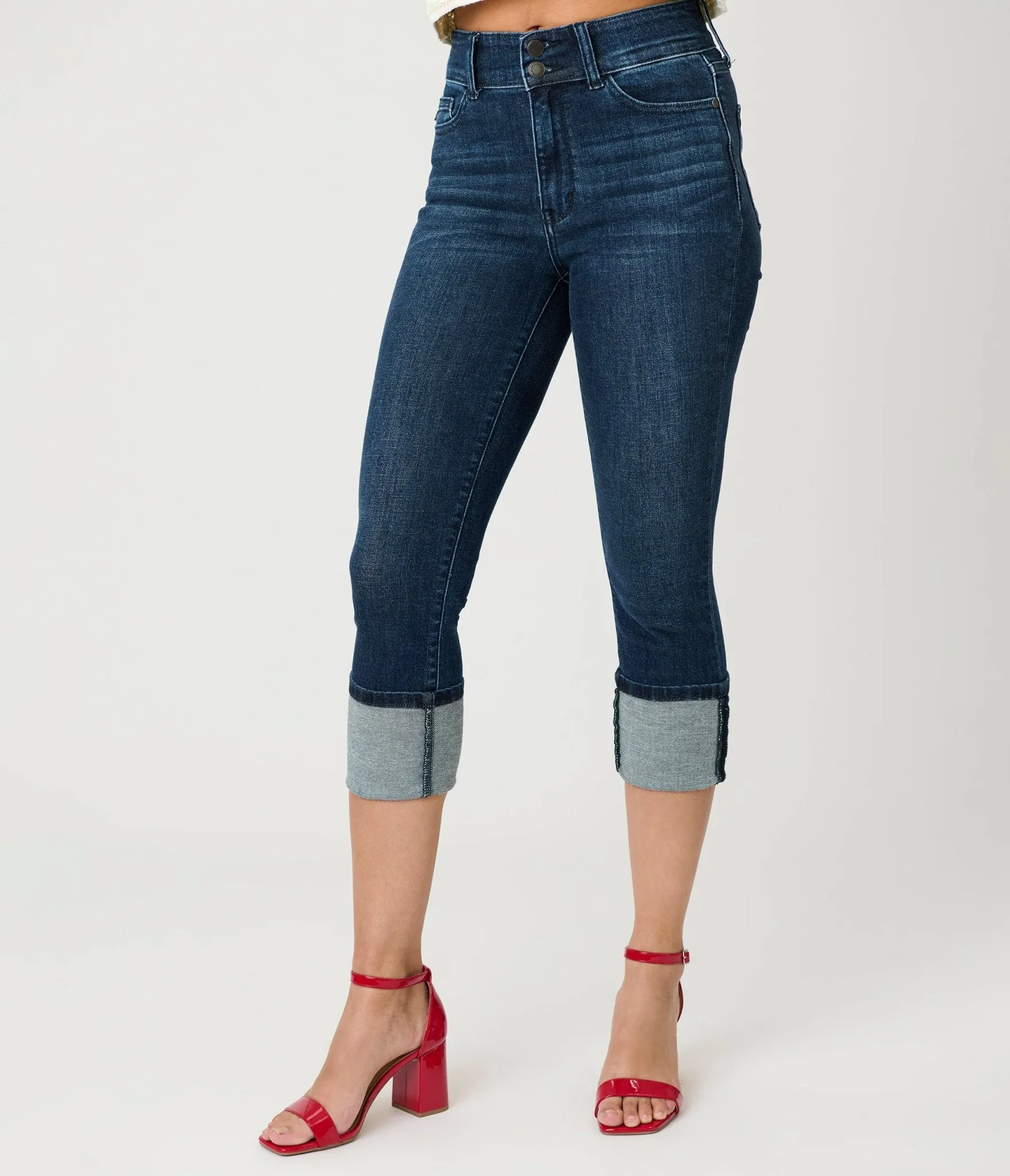 Denim High Waist Double Button Capri Jeans Comfortable Travel Wear