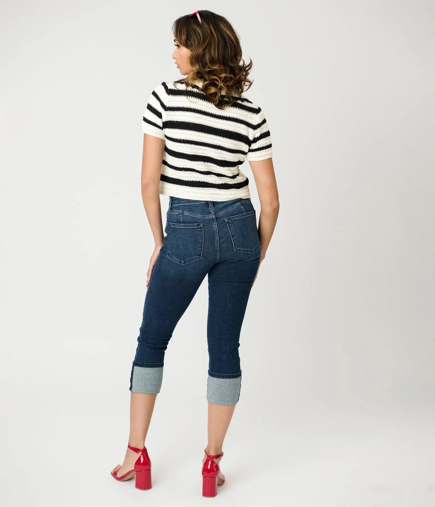 Denim High Waist Double Button Capri Jeans Comfortable Travel Wear