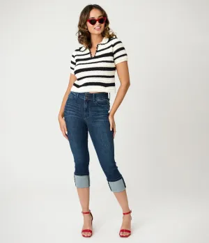 Denim High Waist Double Button Capri Jeans Comfortable Travel Wear