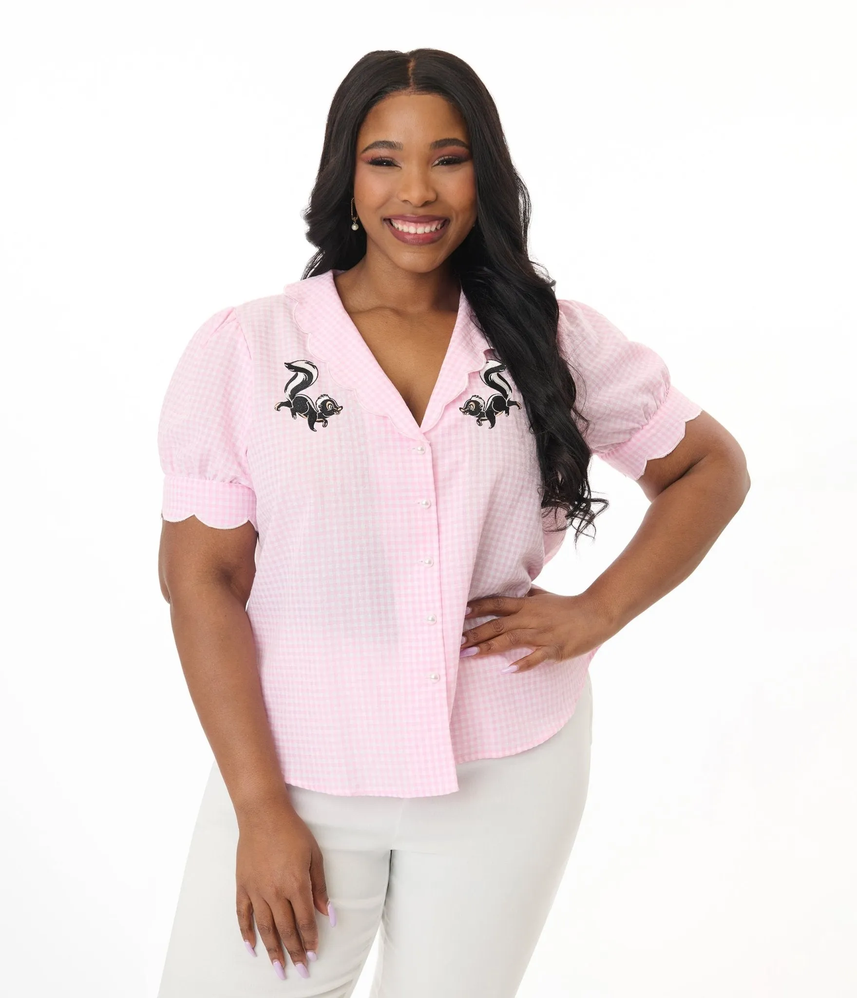 Disney Bambi Collection by Smak Parlour Plus Size Pink Gingham & Embroidered Flower Puff Sleeve Top Easy Date Night