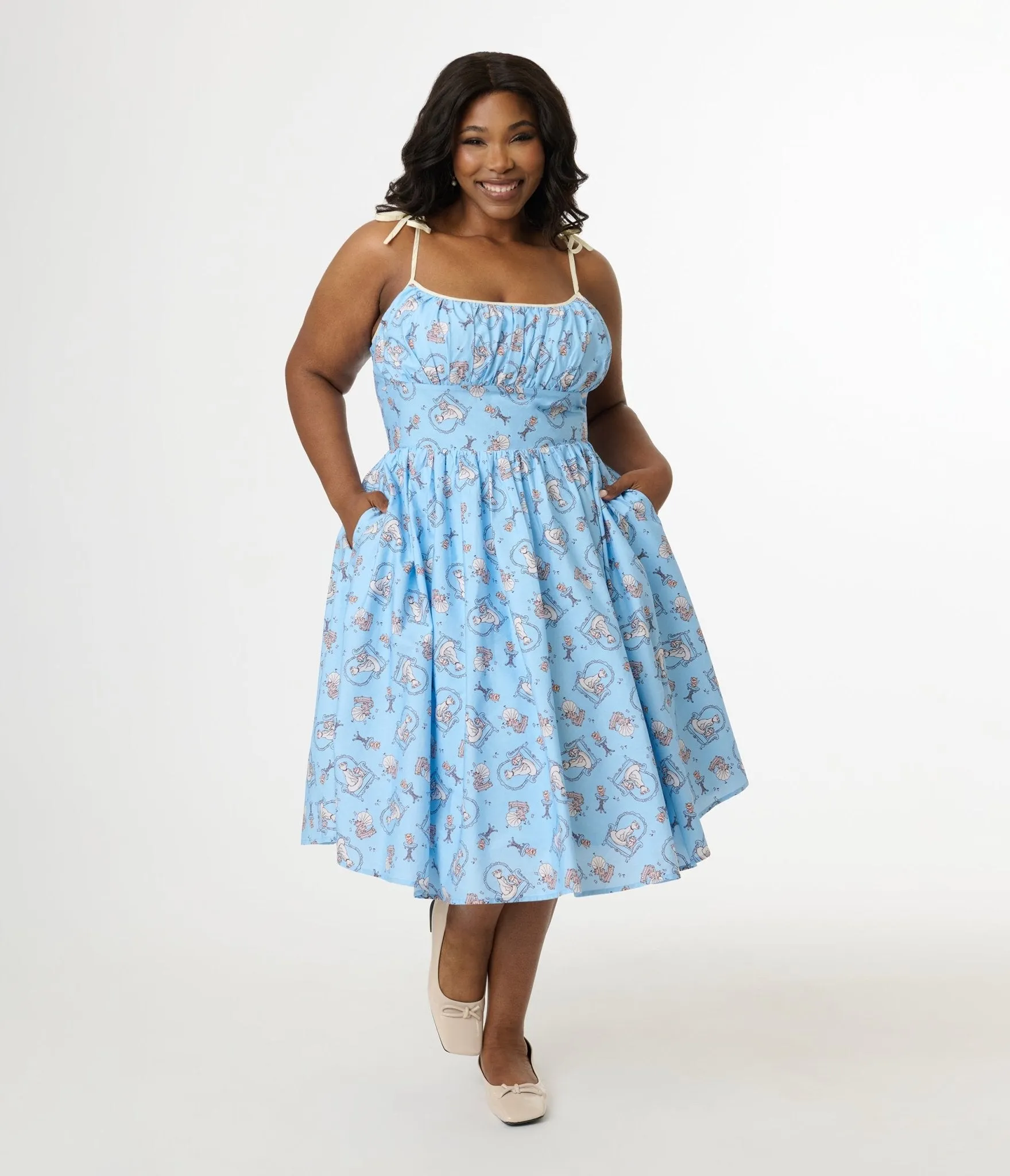 Disney Cats & Dogs Collection by Unique Vintage Plus Size Blue Aristocats Print Cotton Swing Dress Casual Everyday Look
