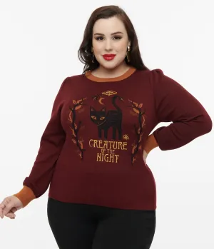 Disney Hocus Pocus Collection by Unique Vintage Plus Size Burgundy Binx Hocus Pocus Embroidered Sweater Easy Date Night