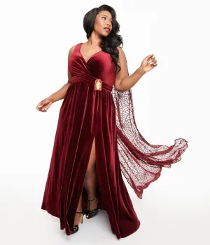 Disney Hocus Pocus Collection by Unique Vintage Plus Size Hocus Pocus Burgundy Velvet & Spiderweb Sequin Cape Gown Casual Everyday Look