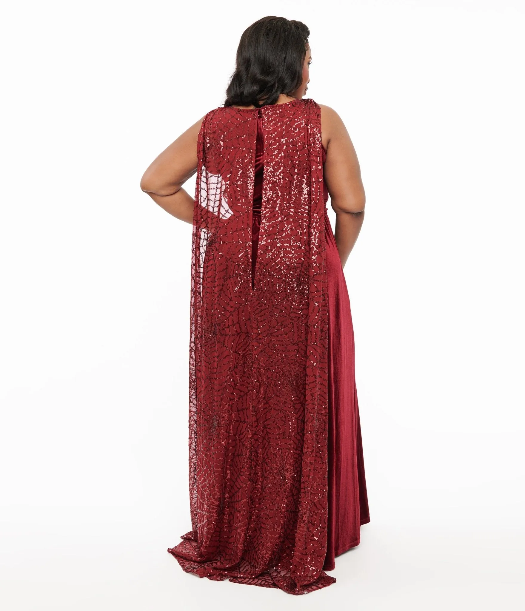 Disney Hocus Pocus Collection by Unique Vintage Plus Size Hocus Pocus Burgundy Velvet & Spiderweb Sequin Cape Gown Casual Everyday Look