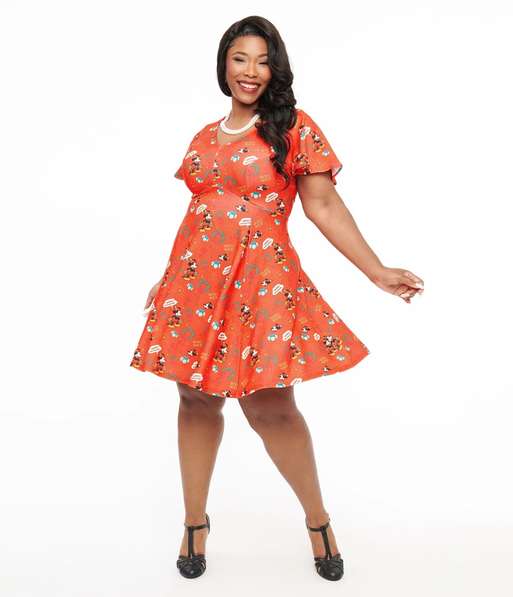 Disney Holiday Collection by Unique Vintage Plus Size Mickey Christmas Fit & Flare Dress Casual Everyday Look