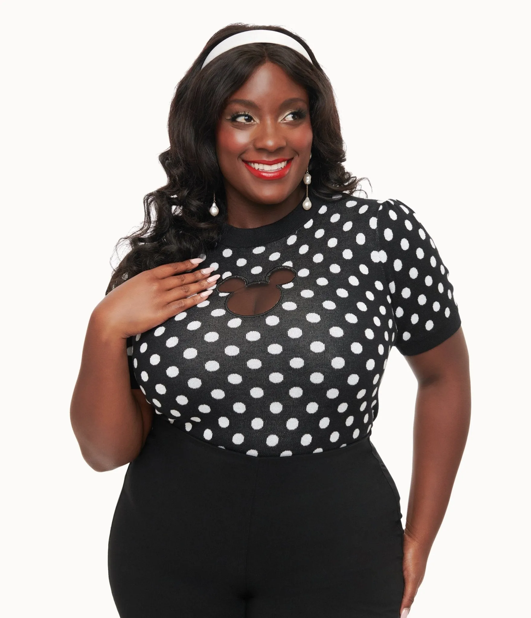 Disney Mickey & Friends Collection by Unique Vintage Plus Size Black & White Polka Dot Mickey Mouse Cutout Sweater Easy Date Night