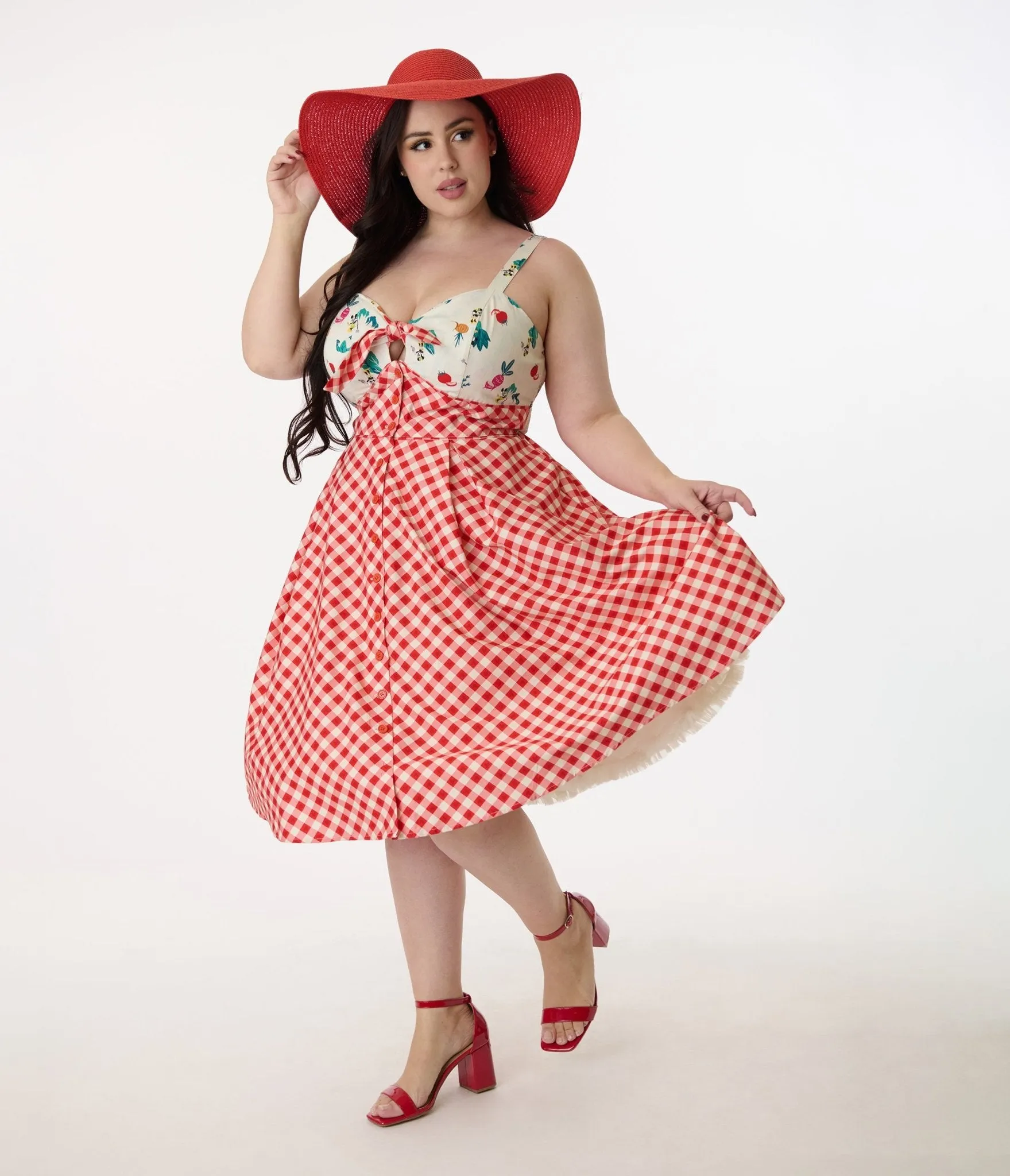 Disney Mickey & Friends Collection by Unique Vintage Plus Size Red Gingham Mickey Farm Print Swing Dress Casual Everyday Look