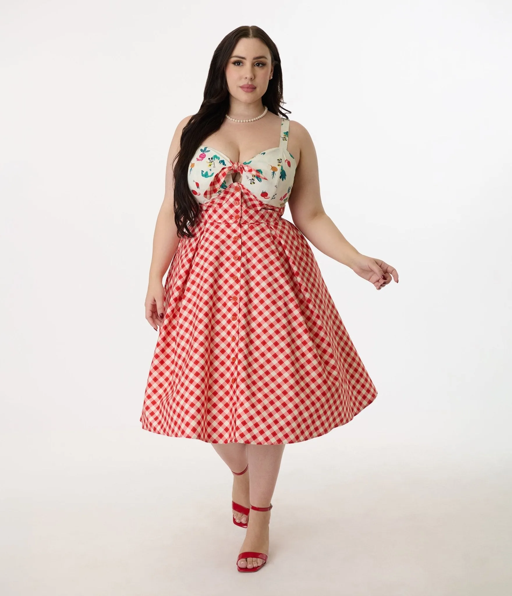 Disney Mickey & Friends Collection by Unique Vintage Plus Size Red Gingham Mickey Farm Print Swing Dress Casual Everyday Look