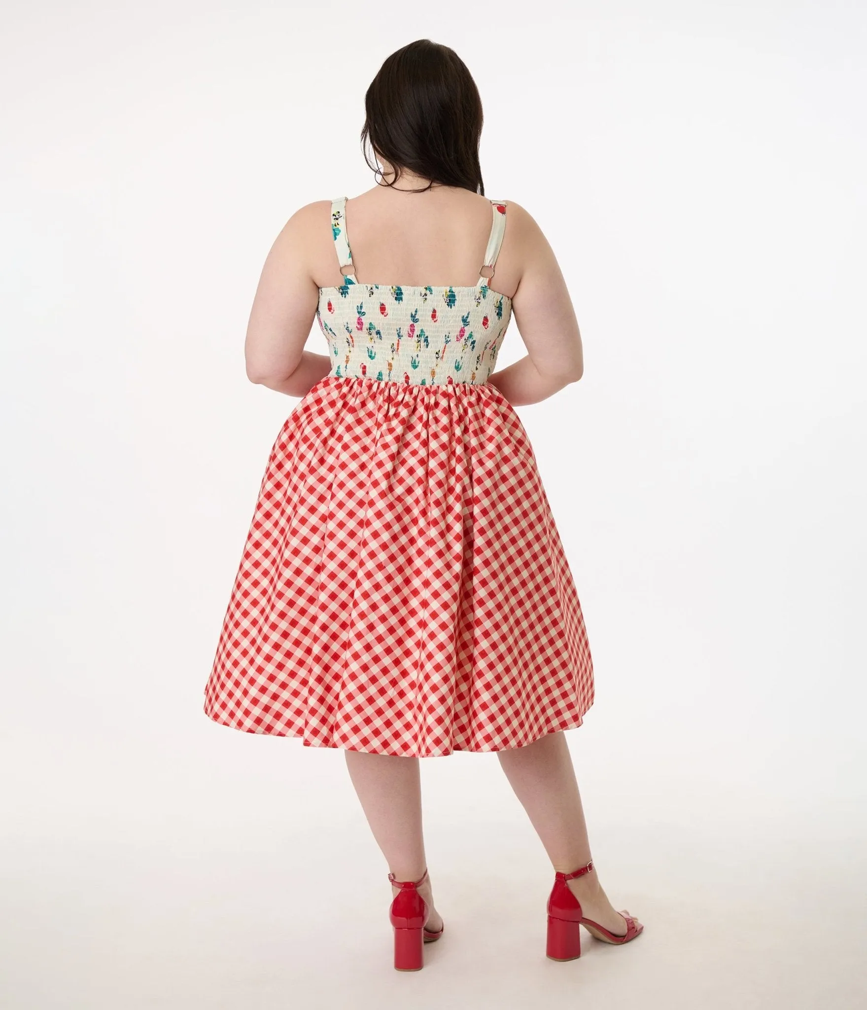 Disney Mickey & Friends Collection by Unique Vintage Plus Size Red Gingham Mickey Farm Print Swing Dress Casual Everyday Look