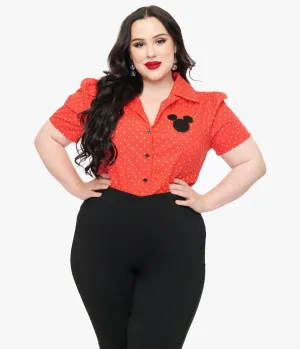 Disney Mickey & Friends Collection by Unique Vintage Plus Size Red Pin Dot Mickey Mouse Silhouette Cotton Blouse Easy Date Night