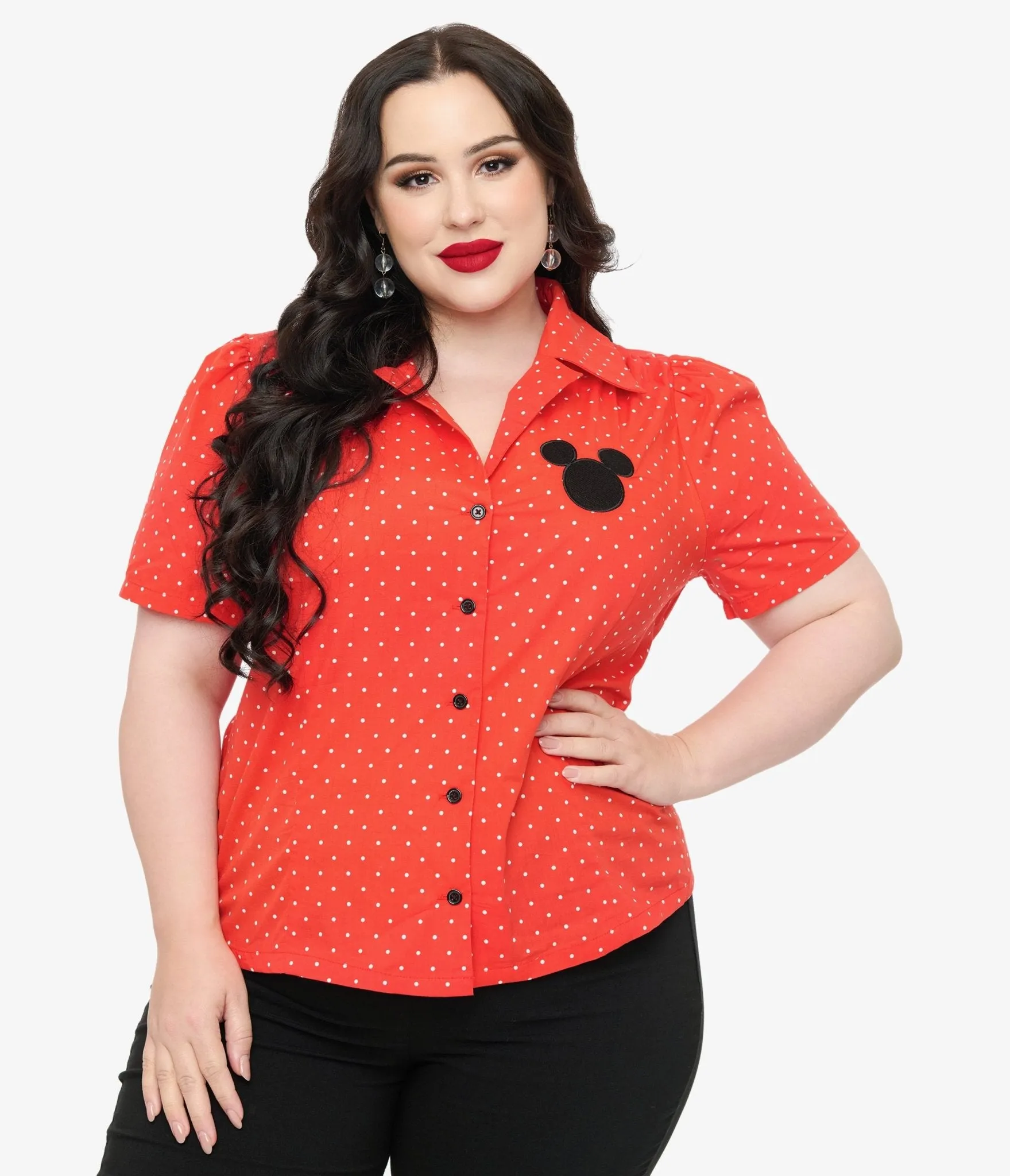 Disney Mickey & Friends Collection by Unique Vintage Plus Size Red Pin Dot Mickey Mouse Silhouette Cotton Blouse Easy Date Night
