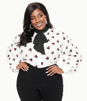 Disney Mickey & Friends Collection by Unique Vintage Plus Size White Minnie Mouse Stamp Print Gwen Blouse Easy Date Night