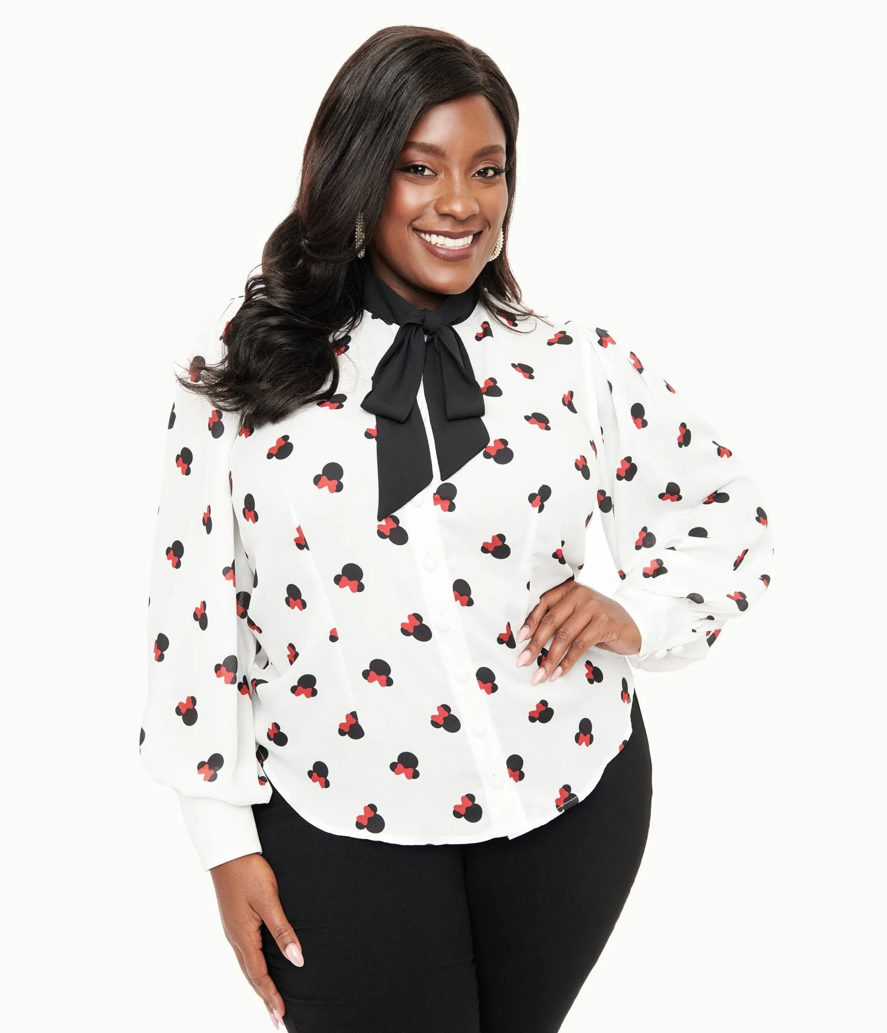 Disney Mickey & Friends Collection by Unique Vintage Plus Size White Minnie Mouse Stamp Print Gwen Blouse Easy Date Night