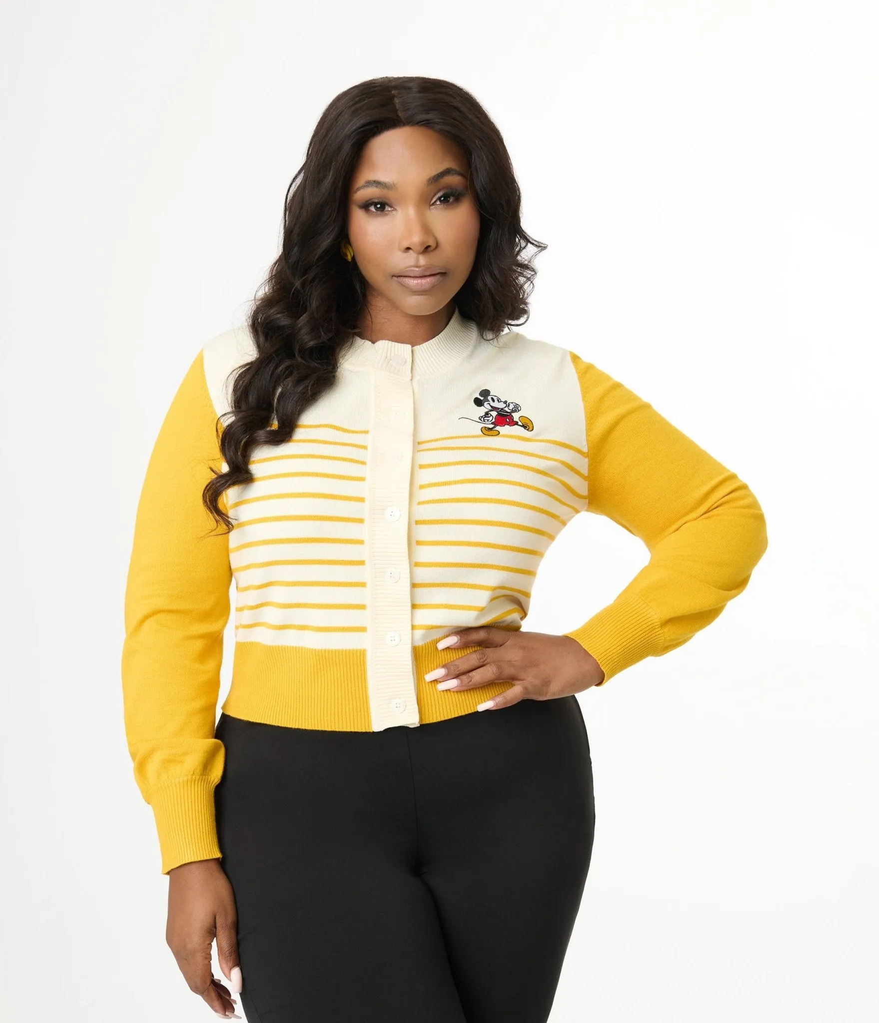 Disney Mickey & Friends Collection by Unique Vintage Plus Size Yellow Stripe Mickey Embroidery Cardigan Easy Date Night