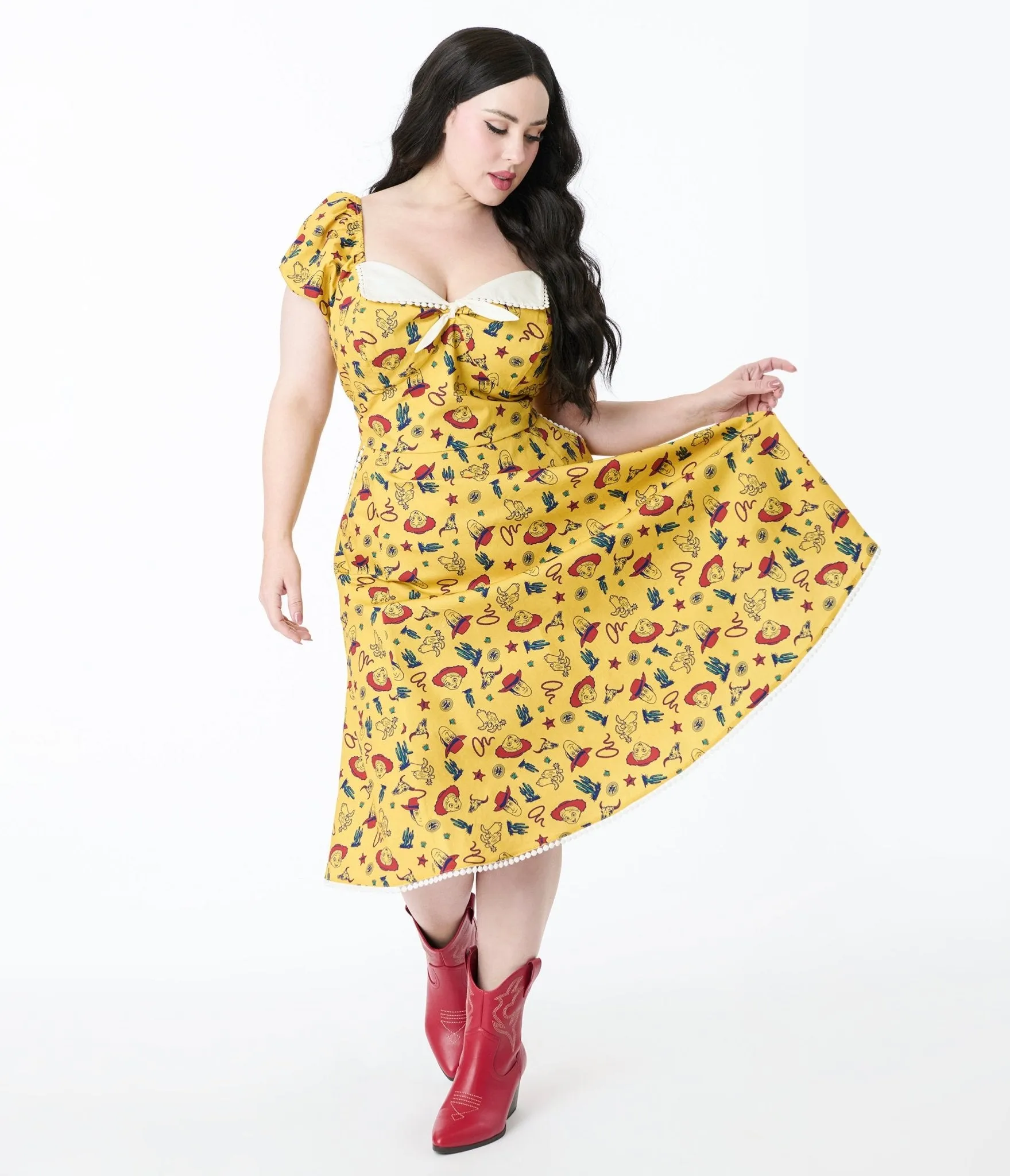 1950s,Clothing,Disney,Dresses,extended:277756,Fan Flair,FLASH30JULY,group:K1954-PL,Kitschy Prints,Plus Size,Pocket Dresses,Summer 2025,Swing,The Happiest Collection on Earth,Toy Story,Unique Vintage,UV Brand,UV Clothing,Western,Yellow