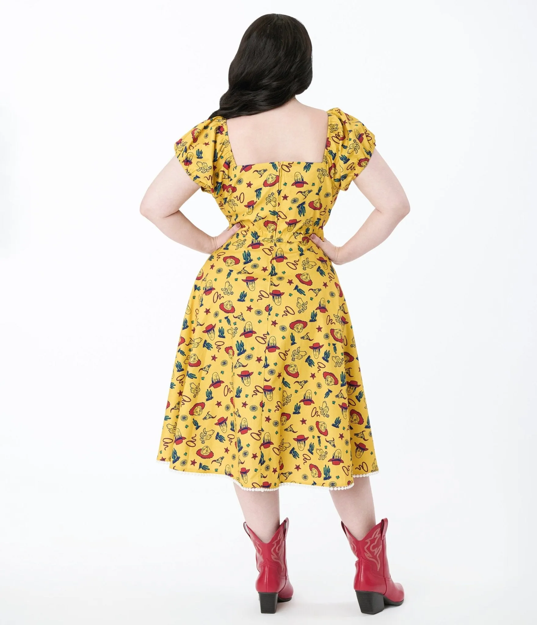 Disney Pixar Toy Story Collection by Unique Vintage Plus Size Yellow Woody & Jessie All Over Print Swing Dress Casual Everyday Look