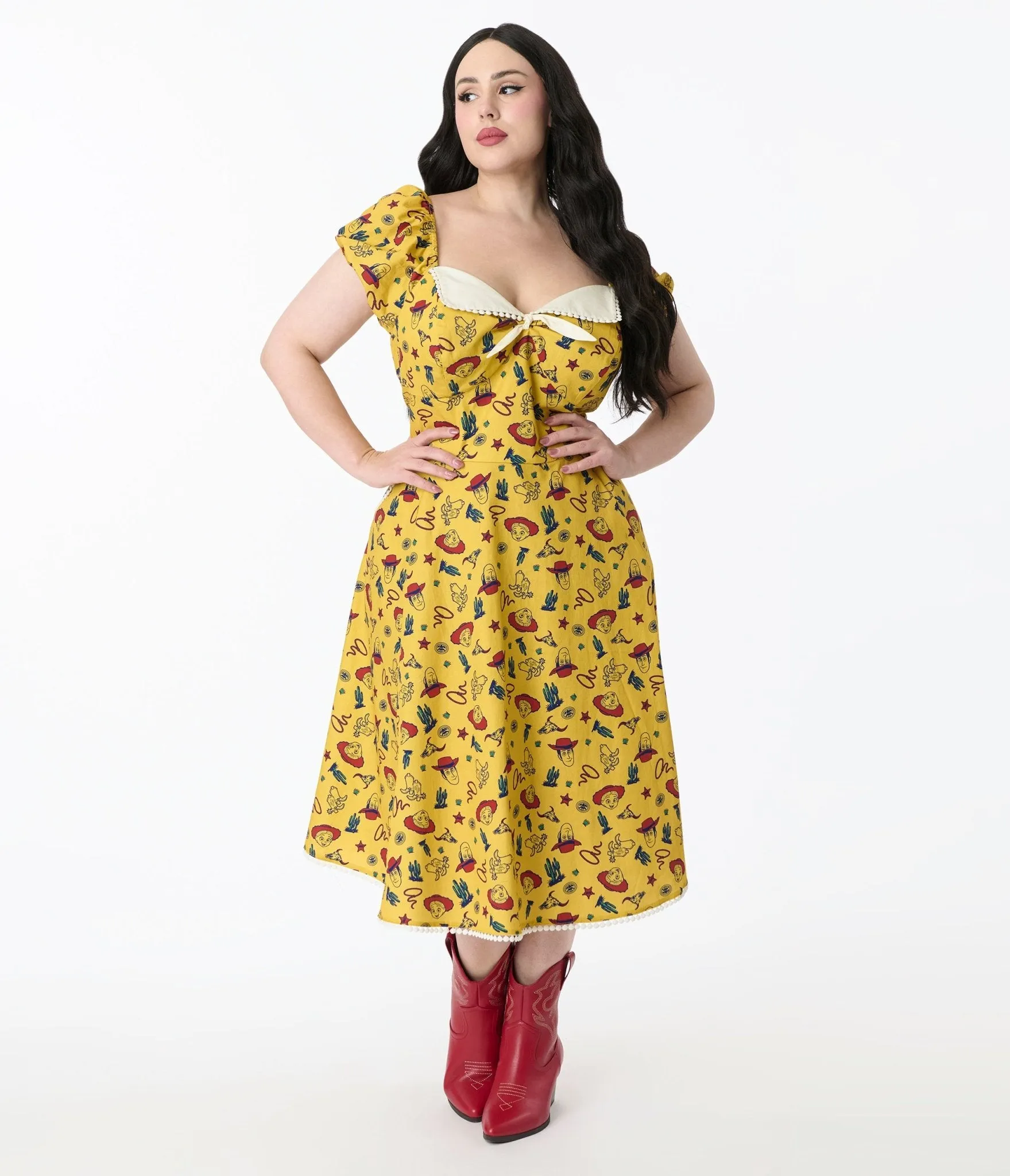 Disney Pixar Toy Story Collection by Unique Vintage Plus Size Yellow Woody & Jessie All Over Print Swing Dress Casual Everyday Look