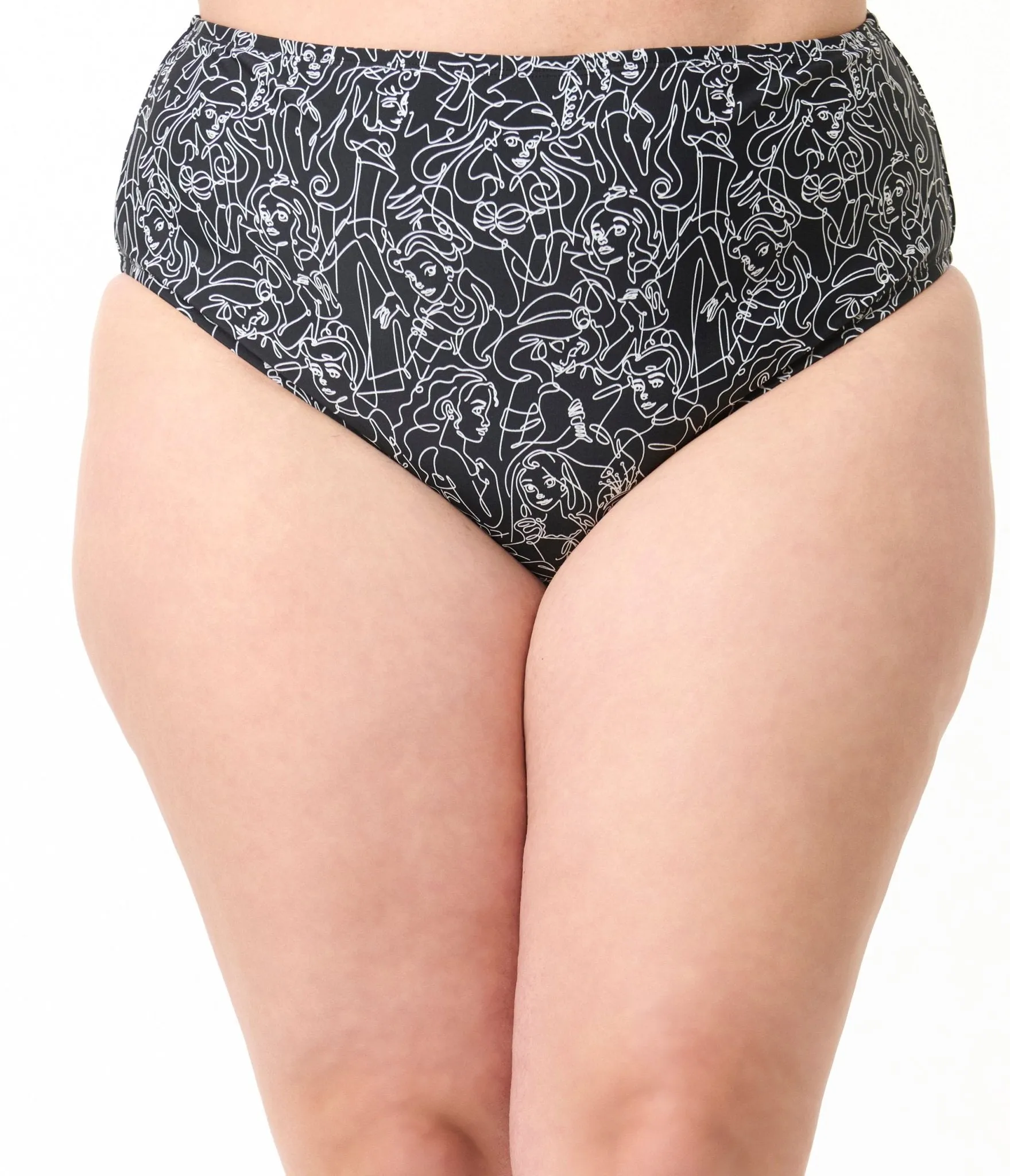 Disney Princess Collection by Unique Vintage Plus Size Black & White Princess Print Swim Bottoms Beach Vacation Ready
