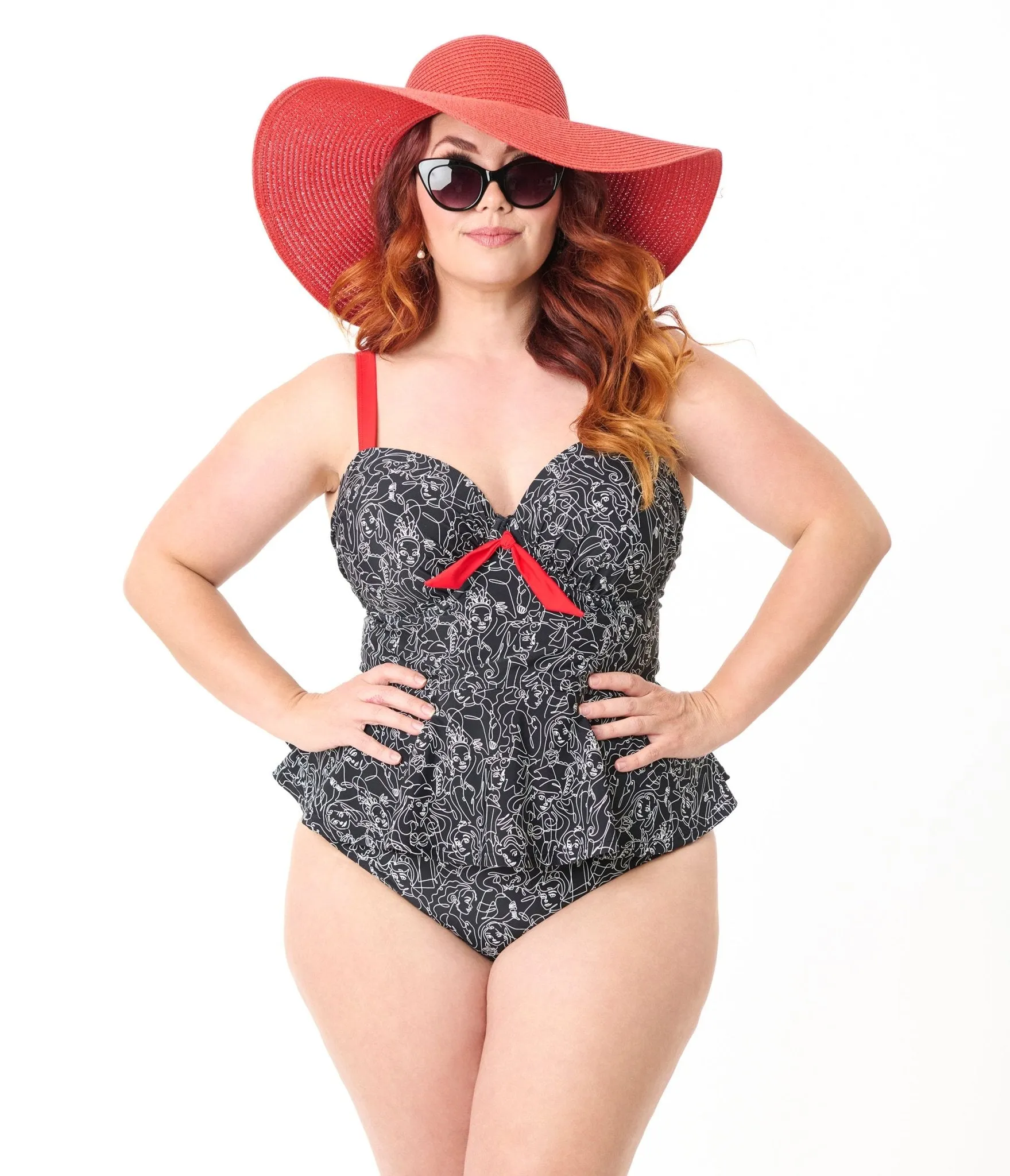 Disney Princess Collection by Unique Vintage Plus Size Black & White Princess Print Tankini Swim Top Beach Vacation Ready