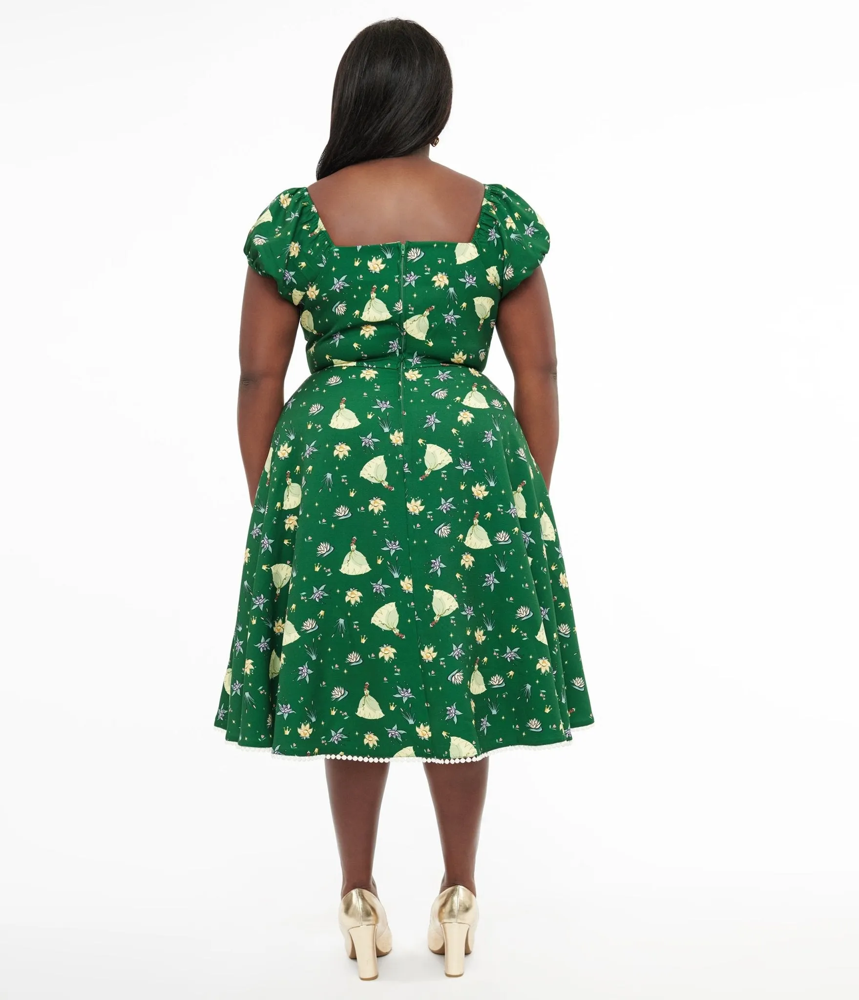 Disney Princess collection by Unique Vintage Plus Size Green Princess Tiana All Over Print Swing Dress Casual Everyday Look